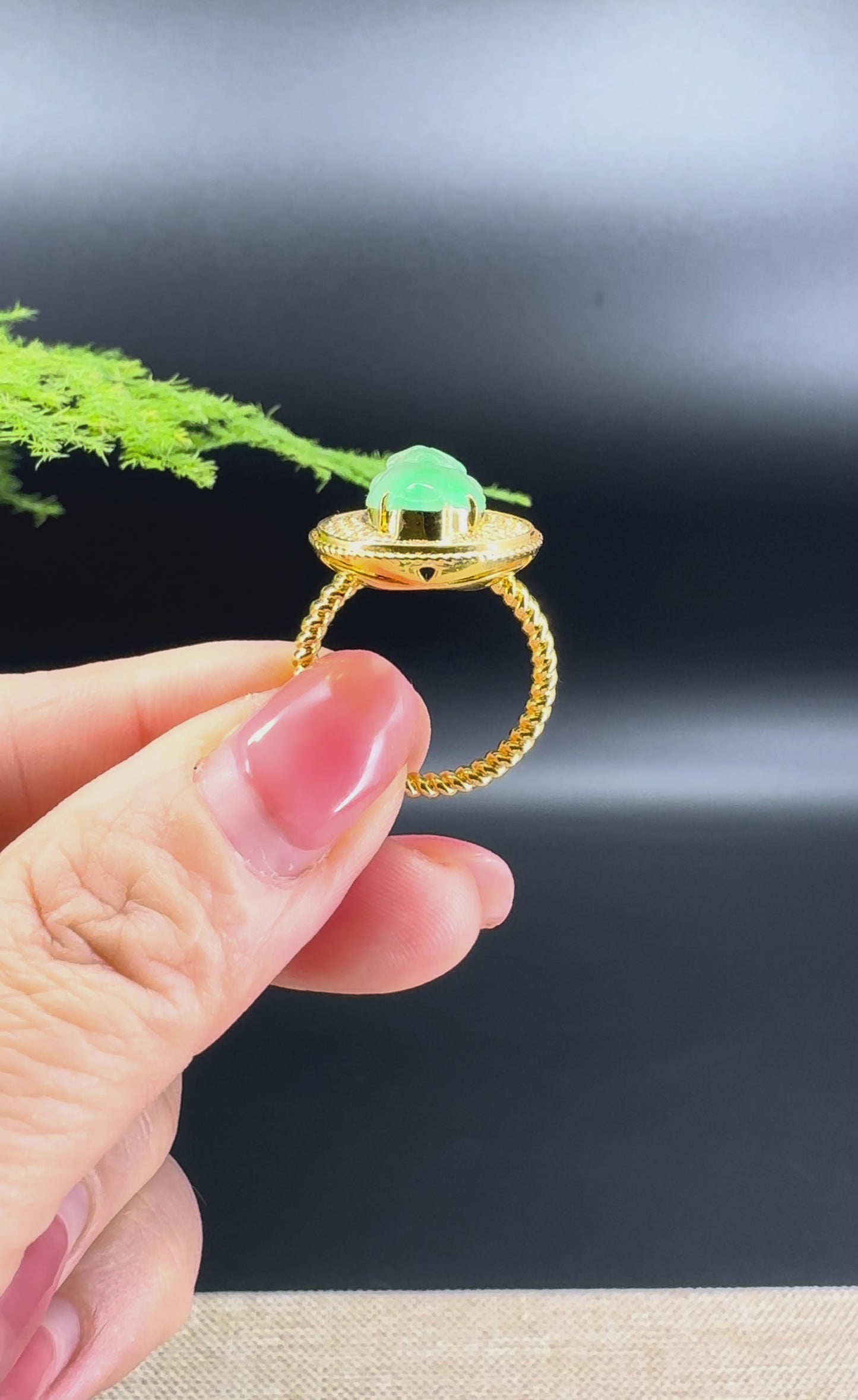 RealJade® "Signature Signet" 18K Yellow Gold Icy Green Jadeite Jade Diamonds Triangular Toad Ring