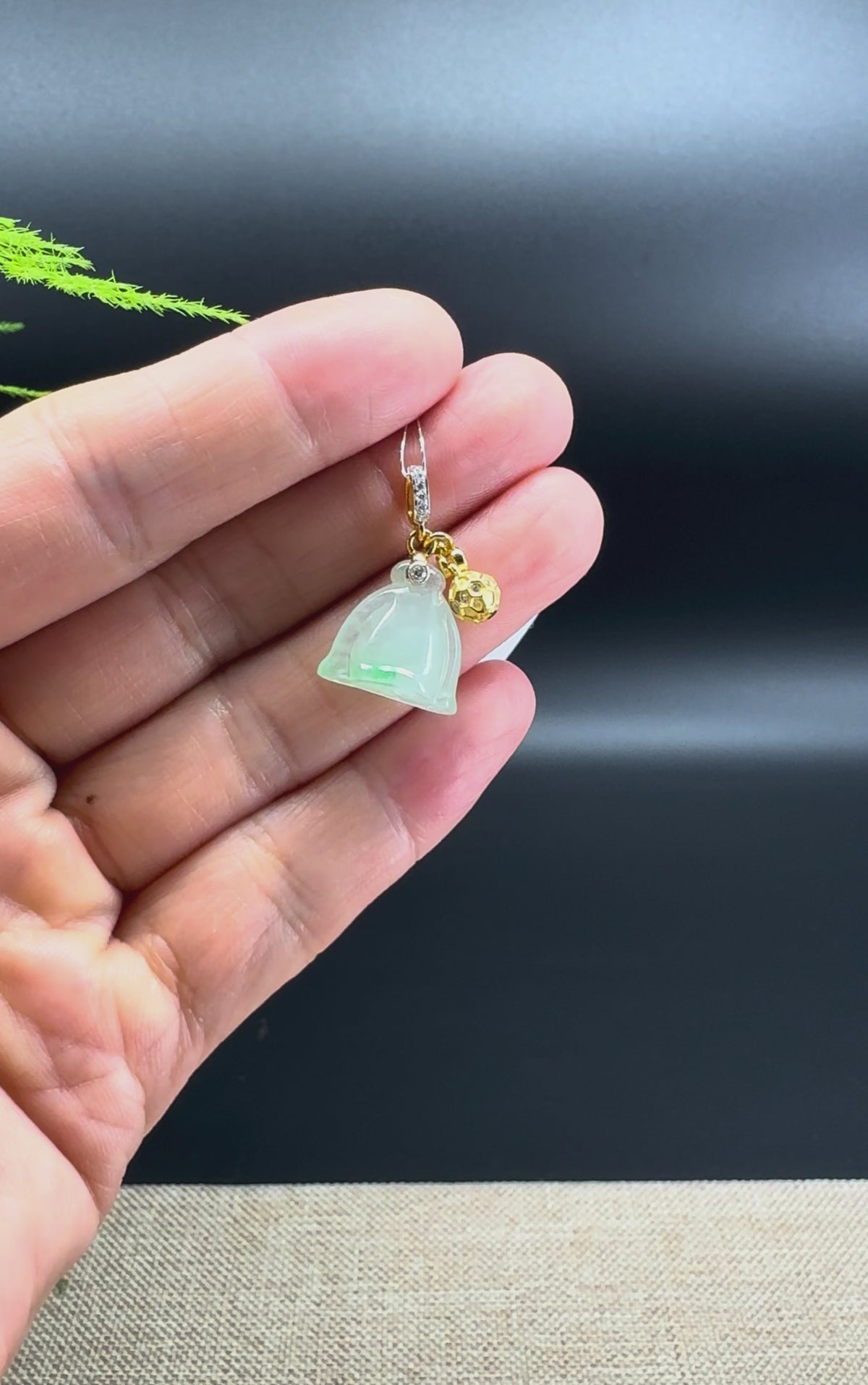 18k Yellow Gold Genuine Icy Green Jadeite Jade Lotus Pod Pendant Necklace With Diamonds