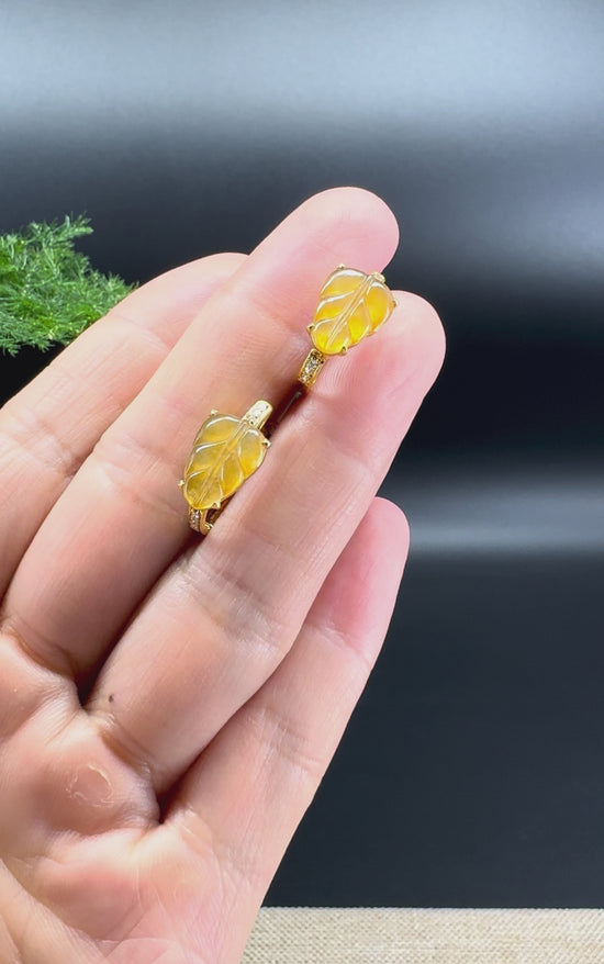 Load and play video in Gallery viewer, RealJade® 18k Yellow Gold Classic Honey Yellow Jadeite Jade Leaf Earrings with Diamonds
