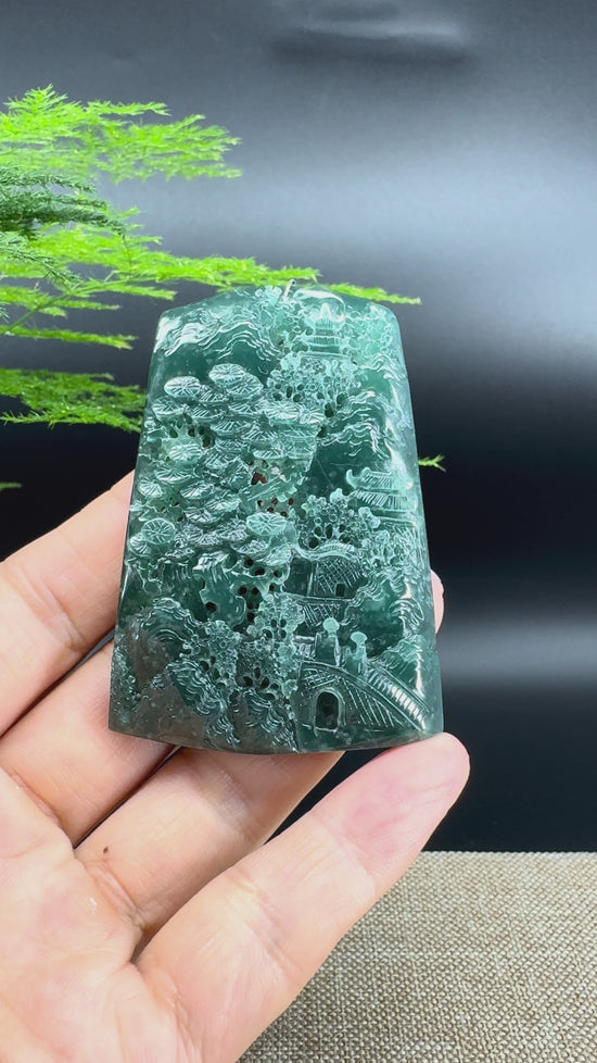 Load and play video in Gallery viewer, RealJade® Co. High Natural Guatemalan Blue Jadeite Jade Landscape Pendant

