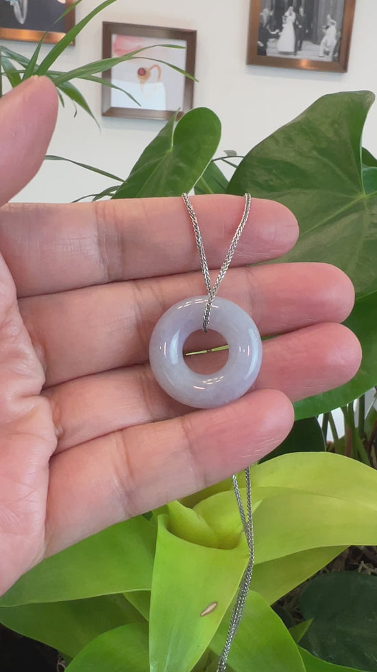 Load and play video in Gallery viewer, RealJade® Co. &amp;quot;Good Luck Button&amp;quot; Necklace Lavender Jadeite Jade Pendant
