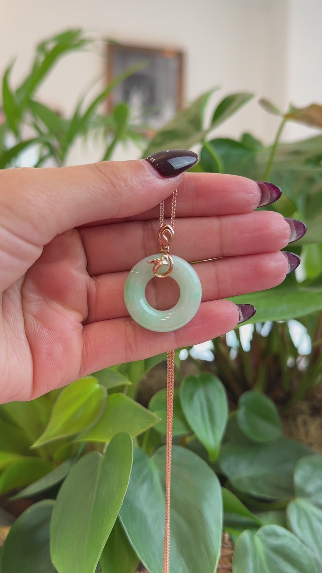 Load and play video in Gallery viewer, RealJade® Co. RealJade® Co. &amp;quot;Good Luck Birdie&amp;quot; 18k Rose Gold Genuine Burmese Jadeite Lucky Kou Kou Pendant Necklace
