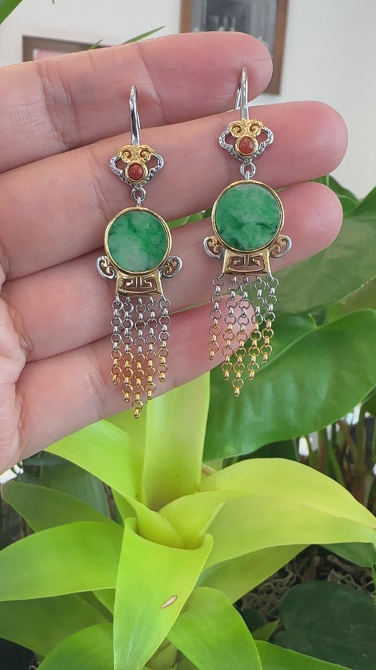 Load and play video in Gallery viewer, RealJade® Co. RealJade® Co. Antique Natural Jadeite Jade Sterling Silver Gold Plated Two Tone Dangle Earrings
