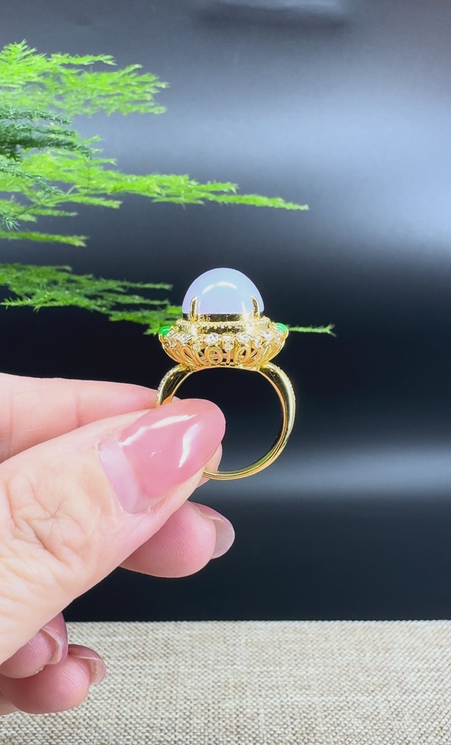 Load and play video in Gallery viewer, 18k Yellow Gold Natural Rich Lavender Oval Jadeite Jade Engagement Ring With Diamonds
