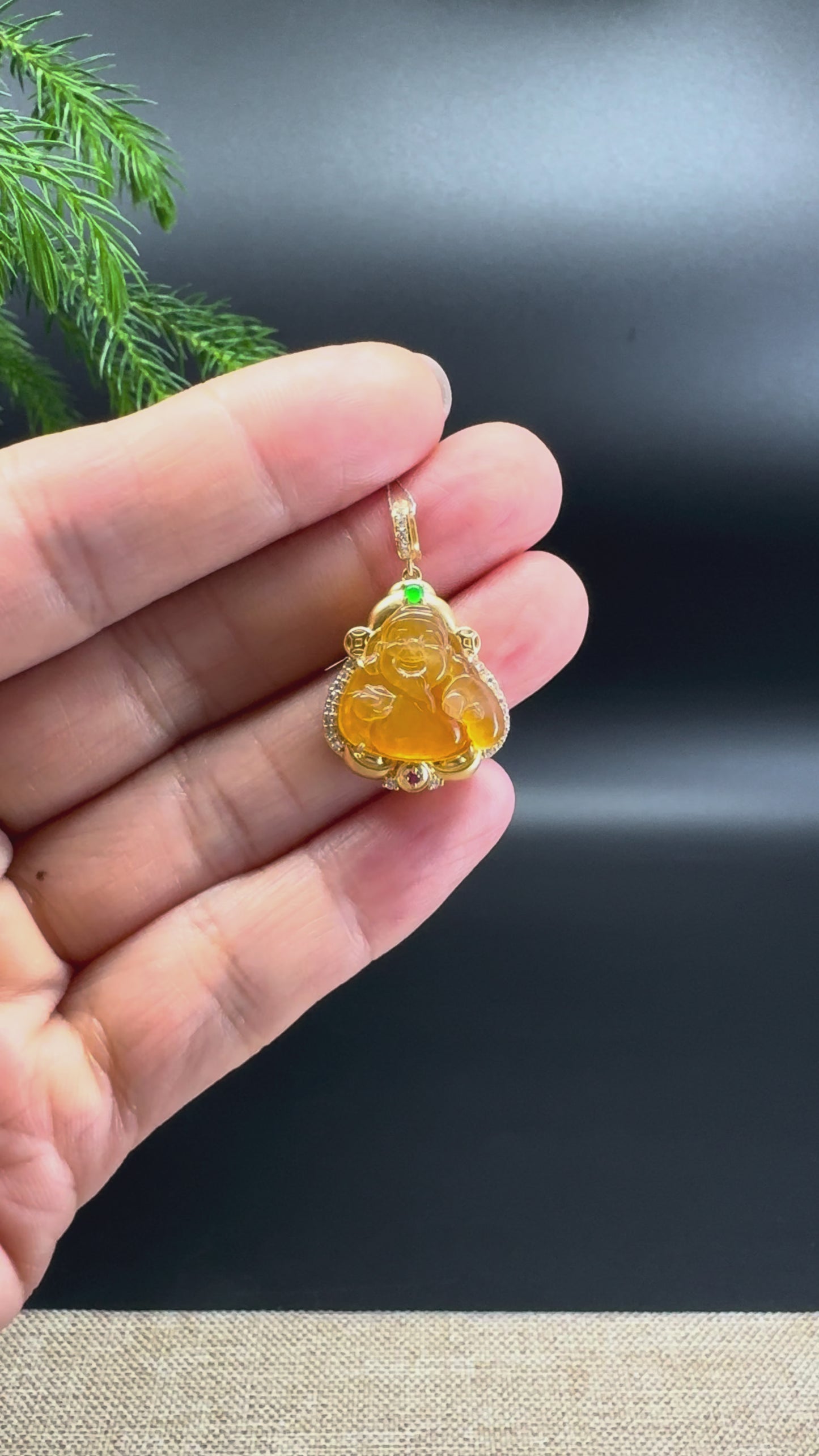 18K Yellow Gold Burmese Honey Yellow Jadeite Jade Money Saint Pendant with Diamonds