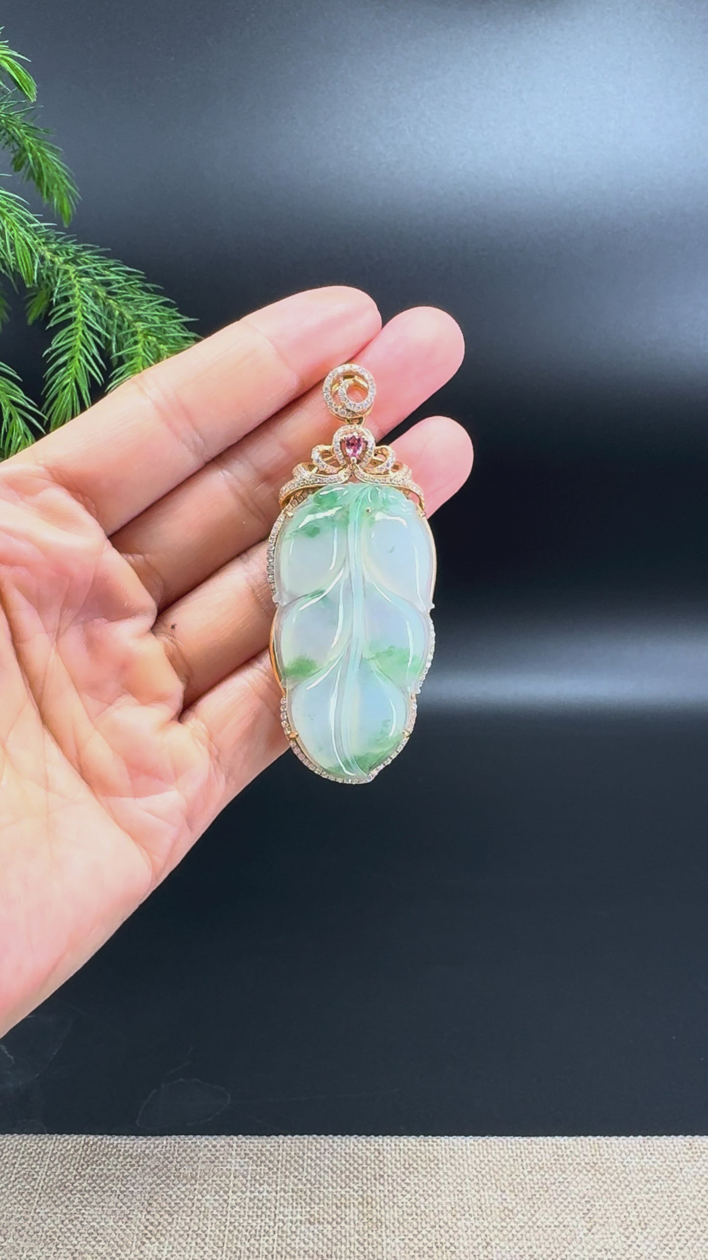 High end genuine Icy Green Flower Jadeite Jade Jin Zhi Yu Ye (Leaf) Necklace With 18k Yellow Gold Diamond Bail