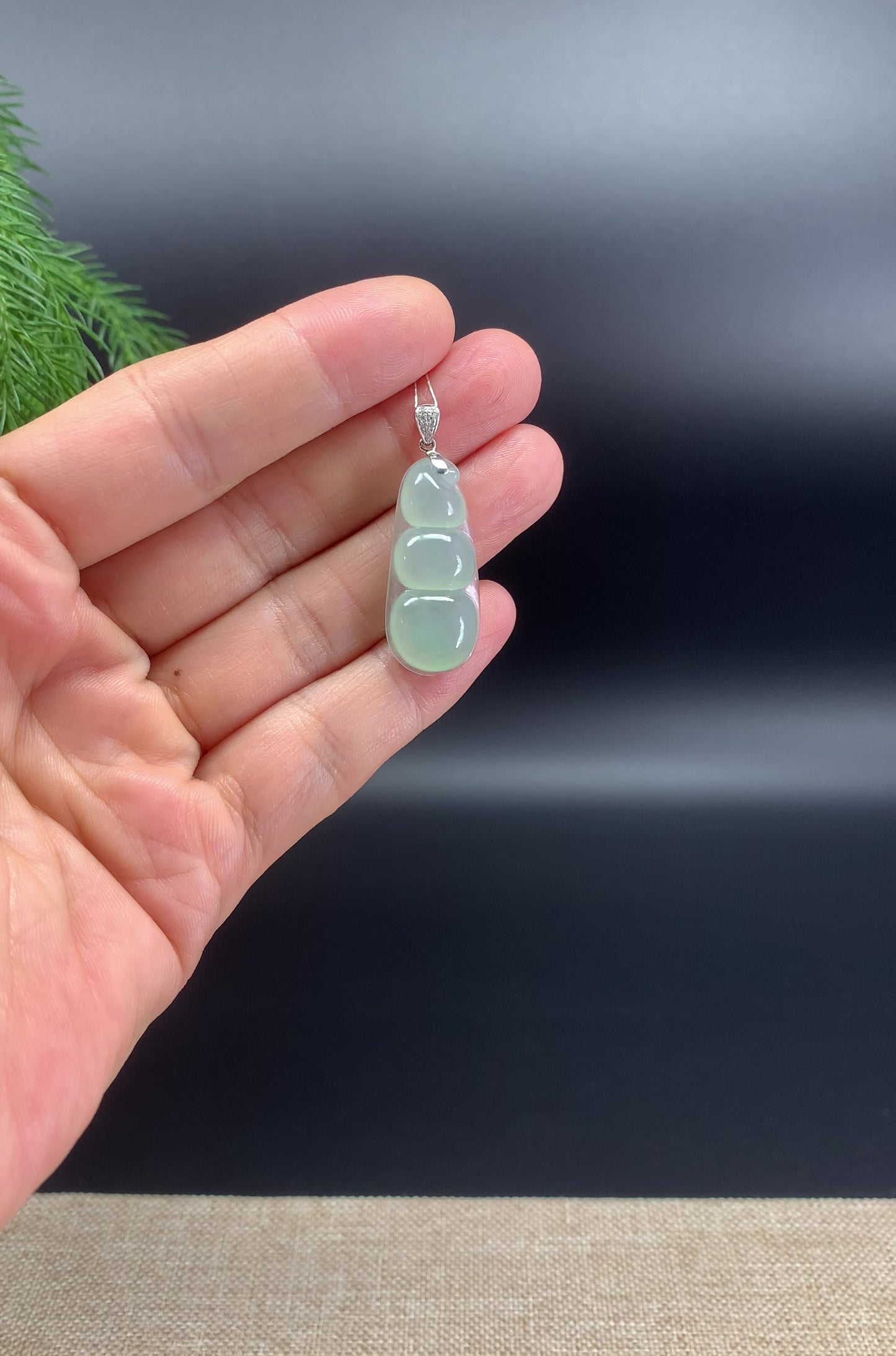 RealJade® Co. Genuine Icy Green Jadeite Jade Bean Necklace With 18K White Gold Diamond Bail