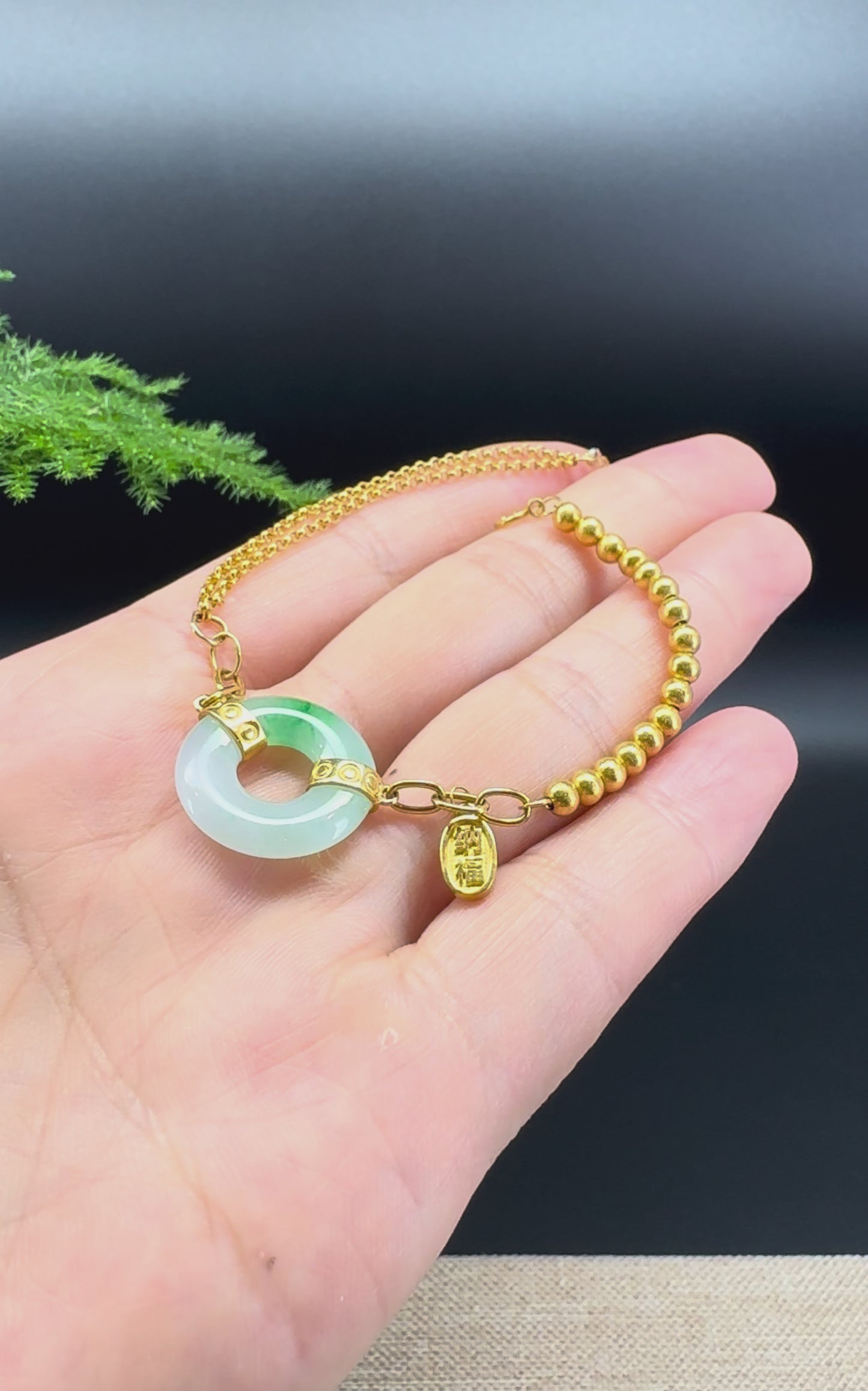 18K Yellow Gold White Green Jadeite Jade KouKou Bracelet