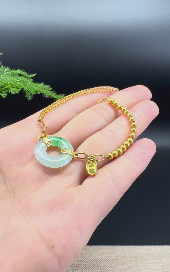 Load and play video in Gallery viewer, 18K Yellow Gold White Green Jadeite Jade KouKou Bracelet
