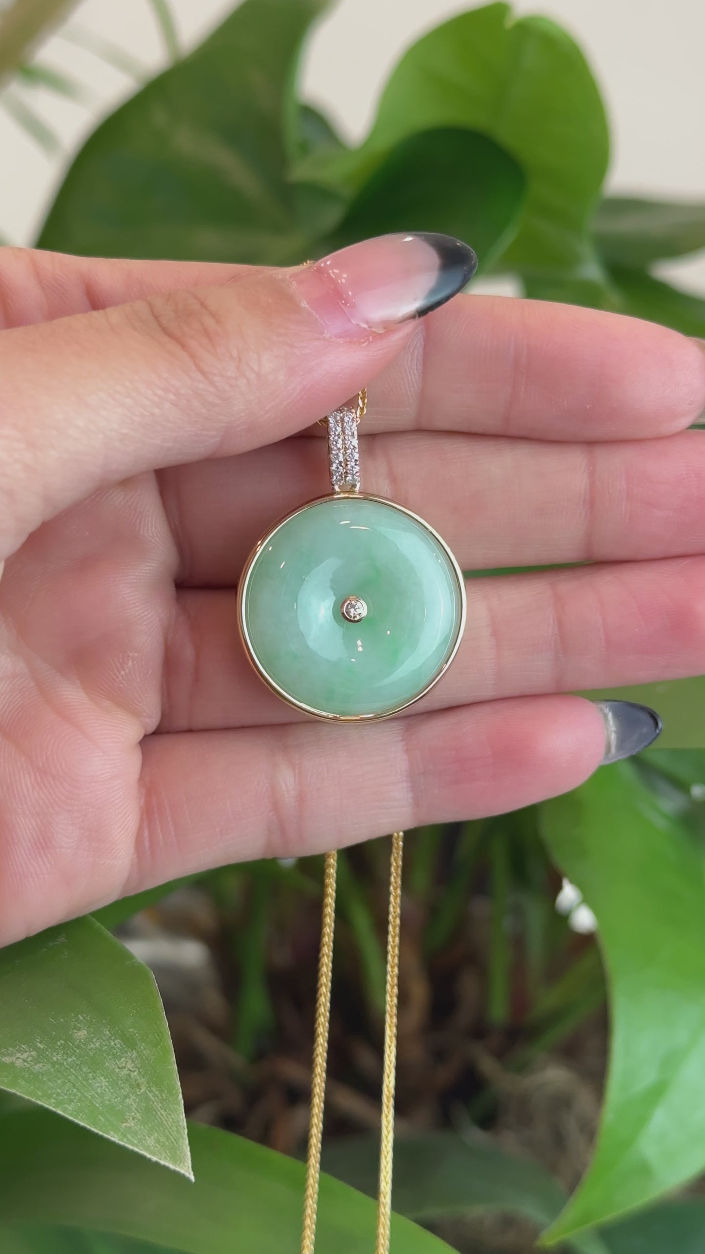 Load and play video in Gallery viewer, 14K Yellow Gold &amp;quot;Good Luck Button&amp;quot; Necklace Green Jadeite Jade Lucky KouKou Pendant Necklace
