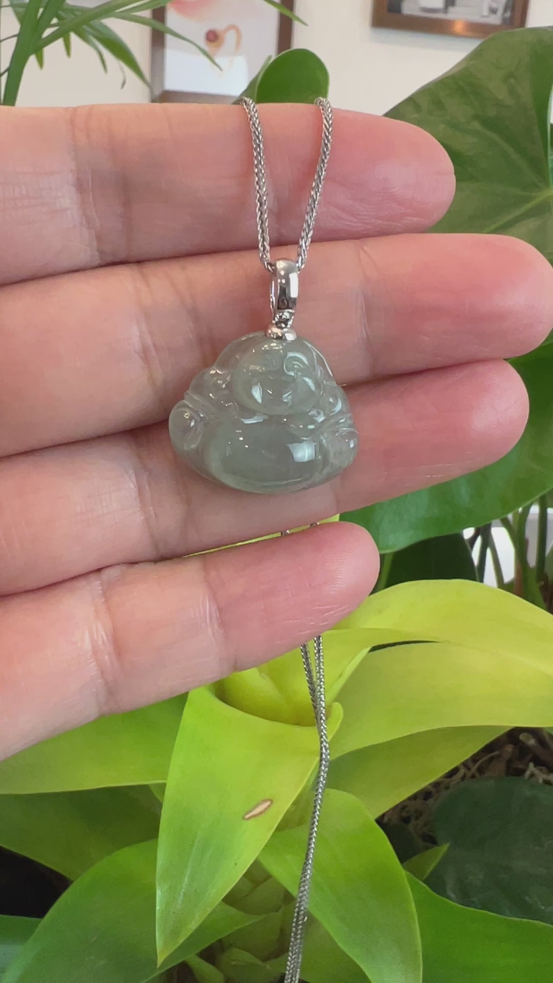 Load and play video in Gallery viewer, 14k White Gold Bail &amp;quot;Laughing Buddha&amp;quot; Genuine Ice Jadeite Jade Buddha Pendant Necklace
