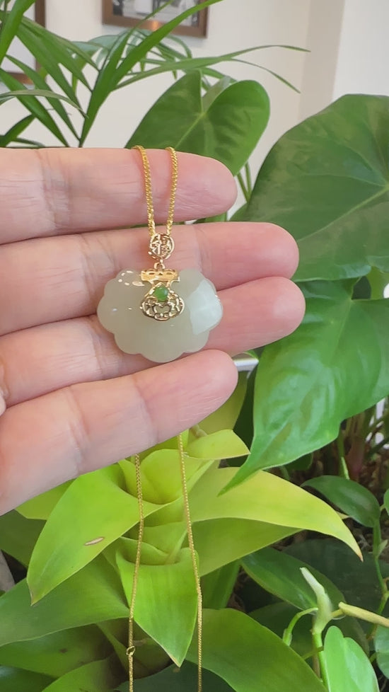 Load and play video in Gallery viewer, Genuine White Jade RuYi Pendant Necklace  with 14K Yellow Solid Gold Bail
