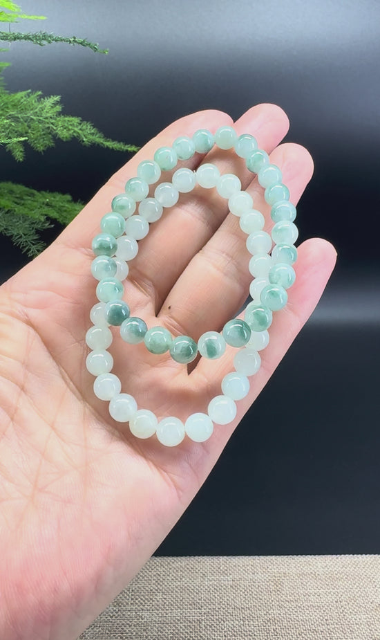 Load and play video in Gallery viewer, Natural Jadeite Jade  Round Icy Green Beads Bracelet ( 6.6mm )
