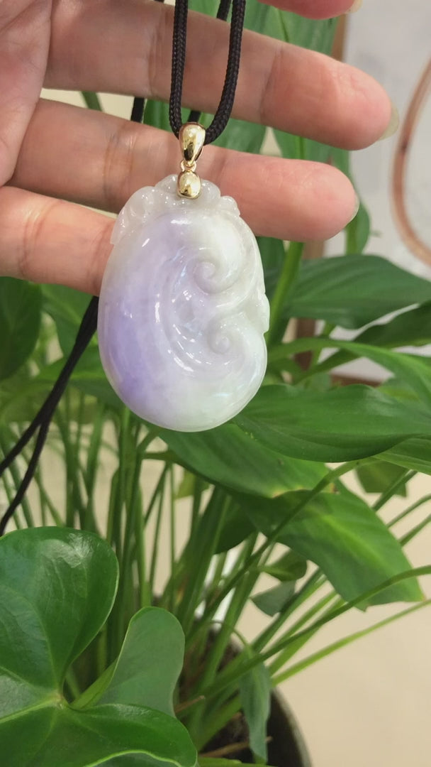Load and play video in Gallery viewer, Genuine Lavender Jadeite Jade RuYi Pendant Necklace With 14K Yellow Gold Bail
