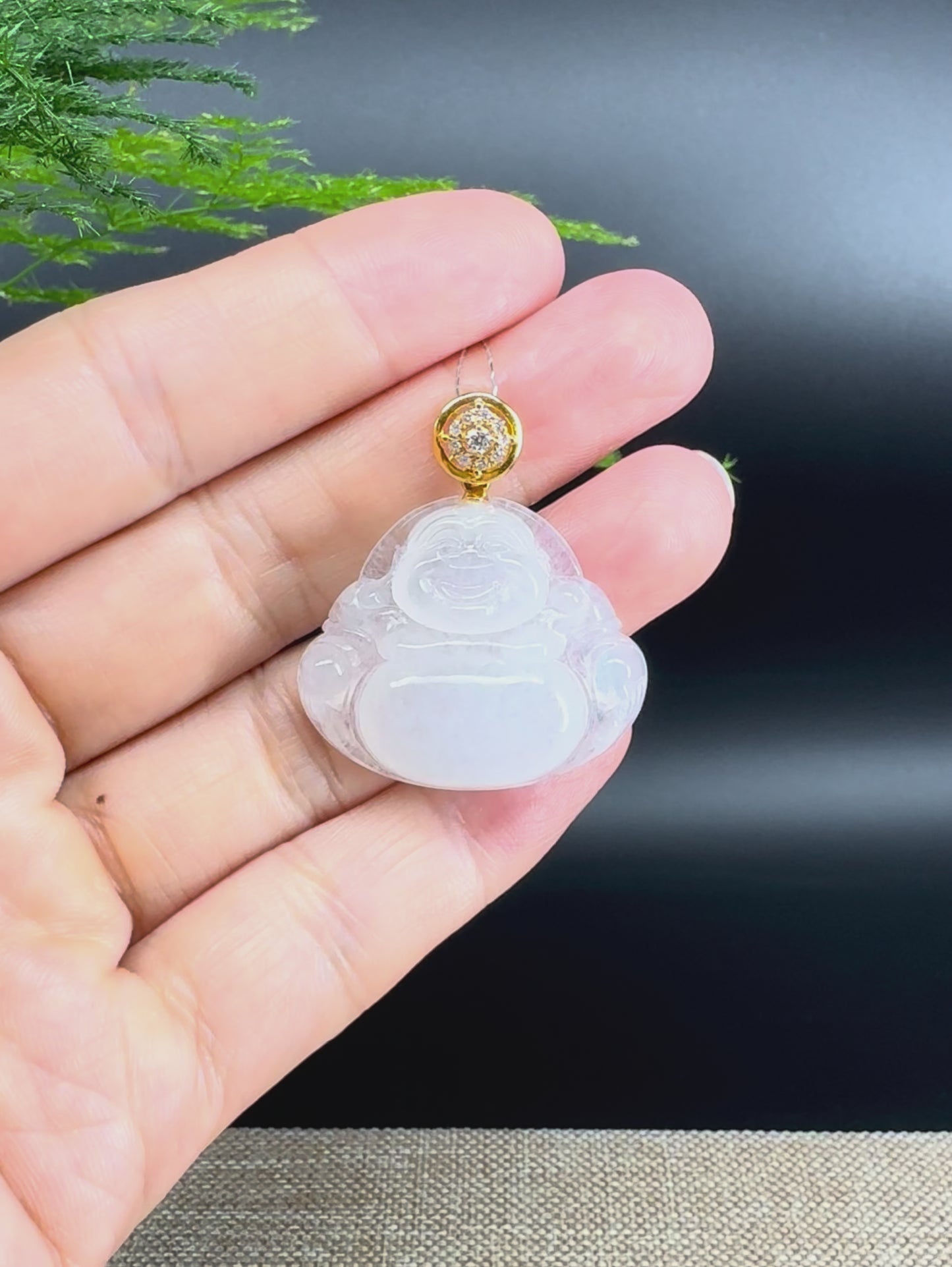 Load and play video in Gallery viewer, 18K Yellow Gold Burmese Icy Jadeite Jade Happy Buddha Pendant
