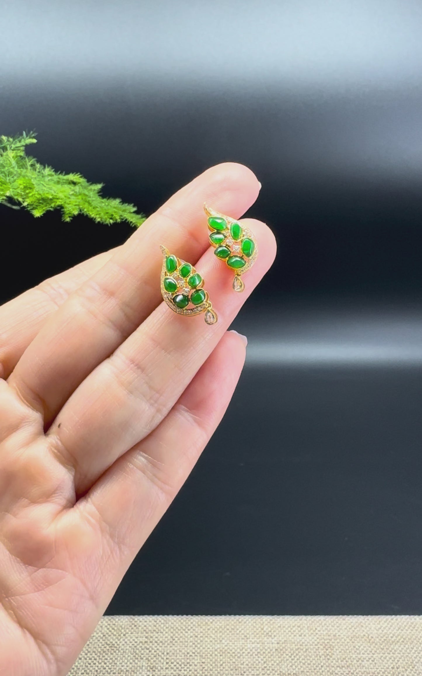 18k Yellow Gold Imperial Green Jadeite Jade Leaf Earrings with Diamonds