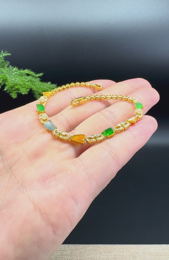 Load and play video in Gallery viewer, 18K Yellow Gold Multi-color Jadeite Jade Bracelet With Diamonds
