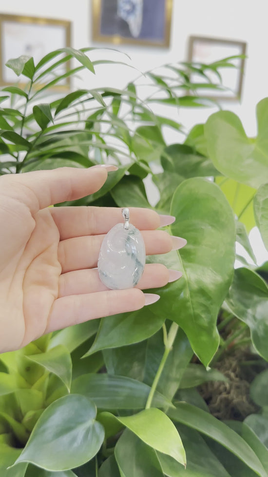 Load and play video in Gallery viewer, Genuine Burmese Ice Blue Jadeite RuYi Pendant with Sterling Silver Bail
