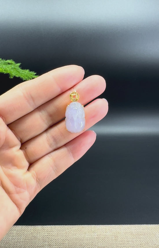 Load and play video in Gallery viewer, RealJade® Co. 18K Yellow Gold Genuine Icy Lavender Jadeite Jade PiXiu Pendant
