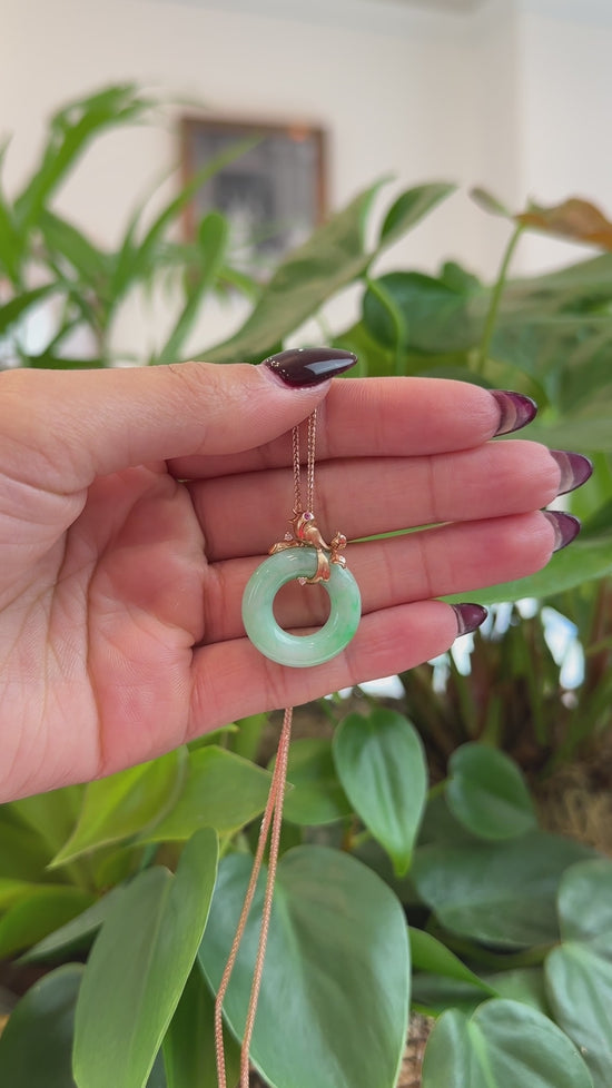 Load and play video in Gallery viewer, RealJade® Co. RealJade® Co. &amp;quot;Good Luck Birdie&amp;quot; 18k Rose Gold Genuine Burmese Jadeite Lucky Kou Kou Pendant Necklace With Ruby and Diamond
