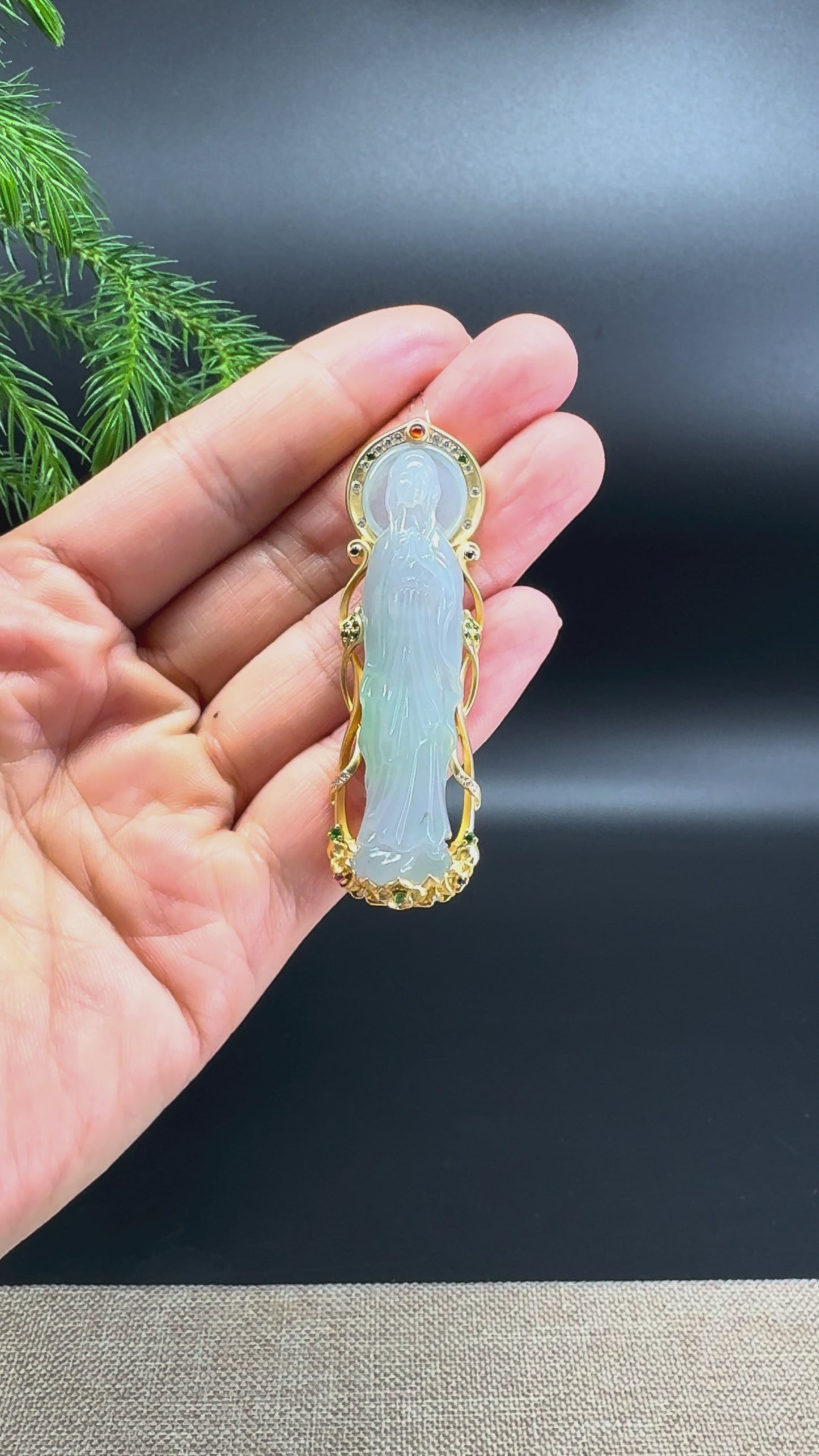 RealJade® 18K Yellow Gold Genuine Light Green Jadeite Jade Mother Mary Pendant Necklace With Diamonds