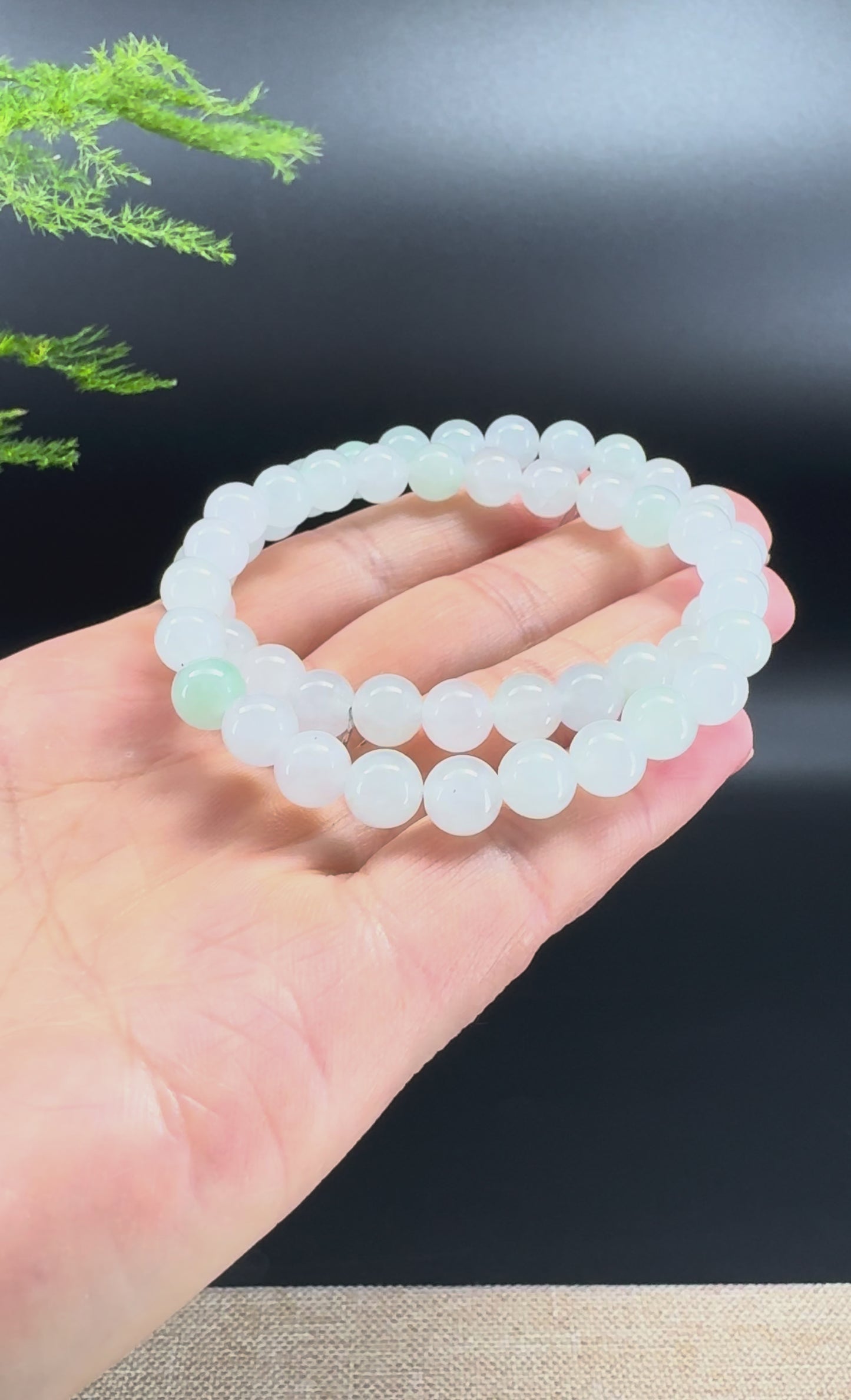 RealJade® Co. Genuine Jadeite Jade Round Icy Green  Beads Bracelet (7.3 mm)