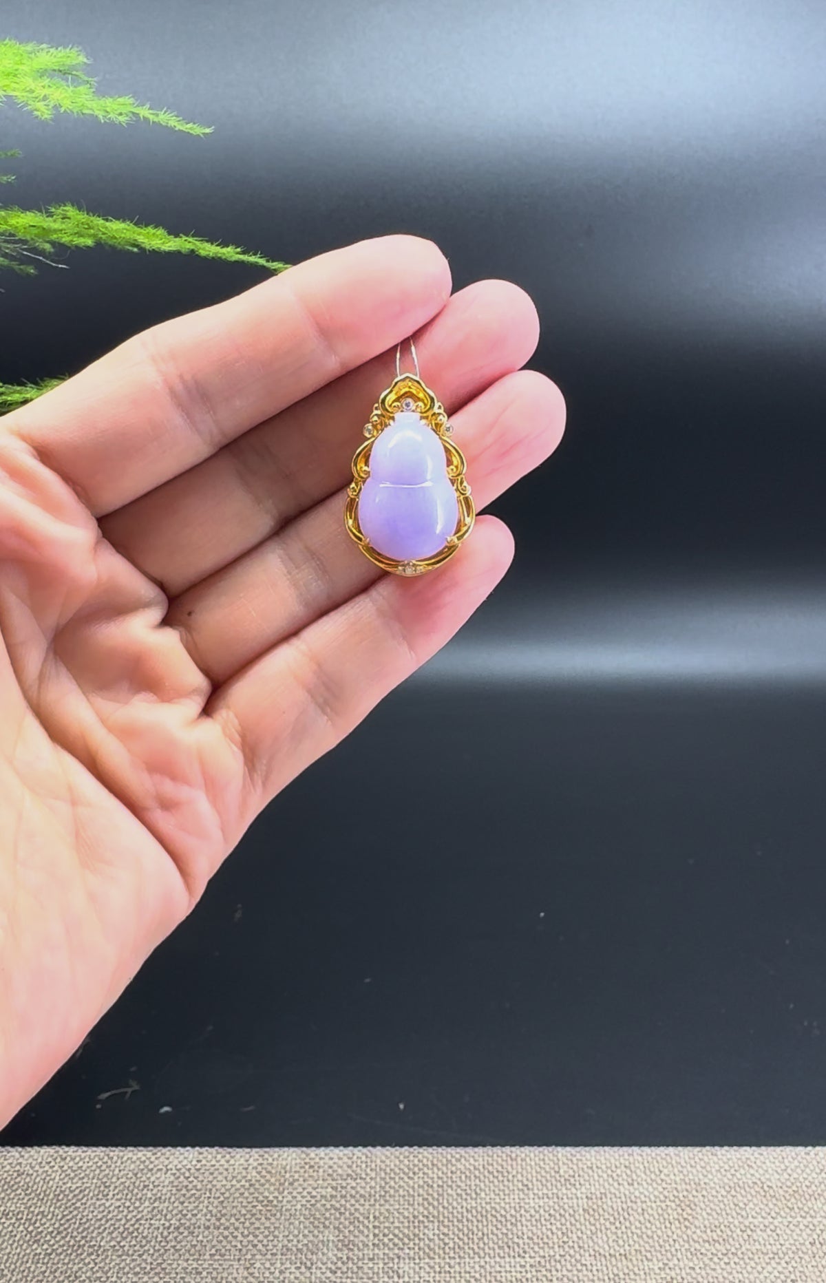 Genuine Lavender Jadeite Jade Good Luck Hulu Bottle Gourd Necklace With 18K Yellow Gold Bail With Diamonds