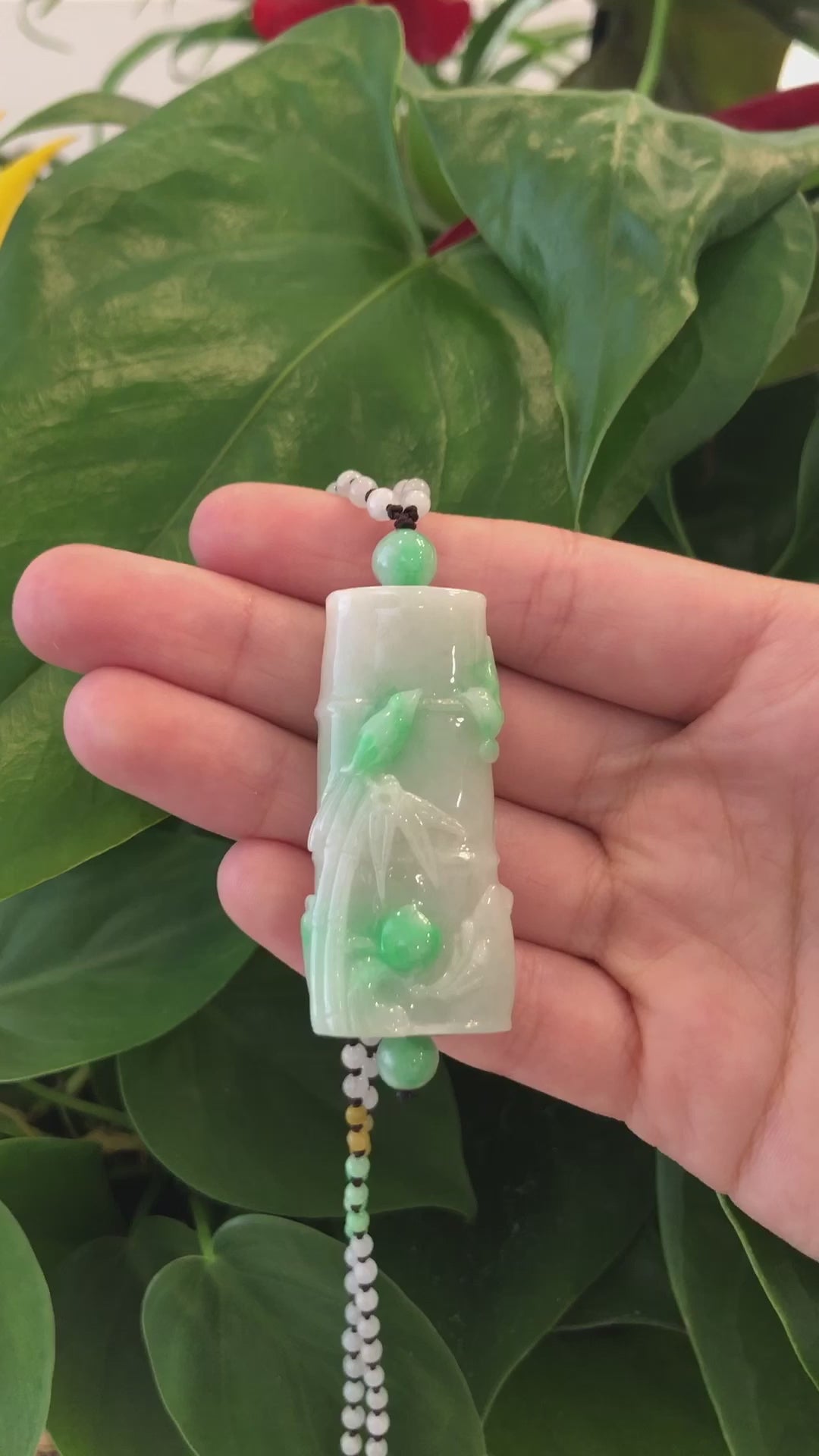 Load and play video in Gallery viewer, Genuine White &amp;amp; Green Jadeite Jade &amp;quot;Good Luck Bamboo&amp;quot; Pendant Necklace With Real Jadeite Bead Necklace
