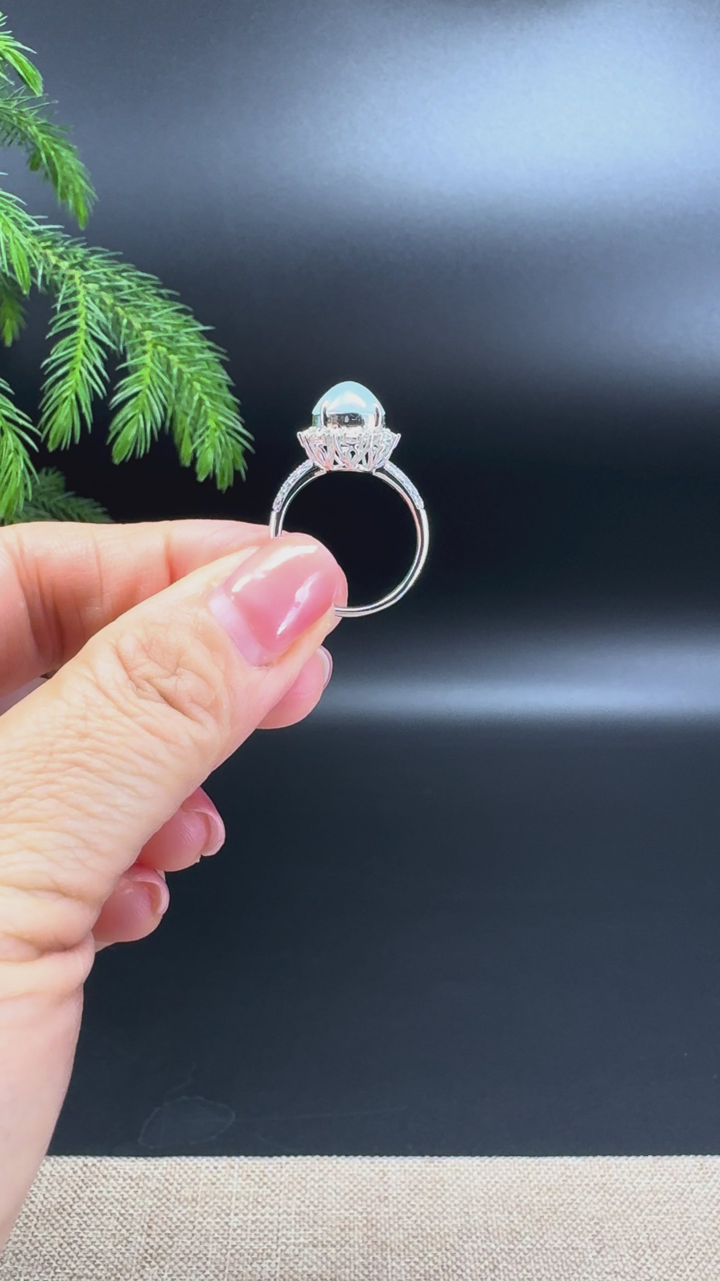 RealJade® "Amelie" 18k White Gold Natural Ice Jadeite Engagement Ring With Diamonds