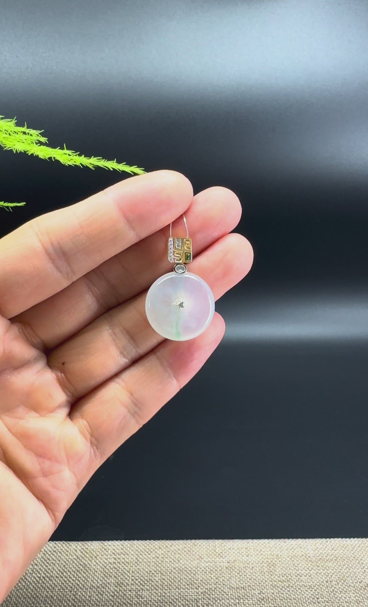 "Good Luck Button" Icy White Jadeite Jade Lucky KouKou Pendant With 18K Yellow Gold Diamonds Bail