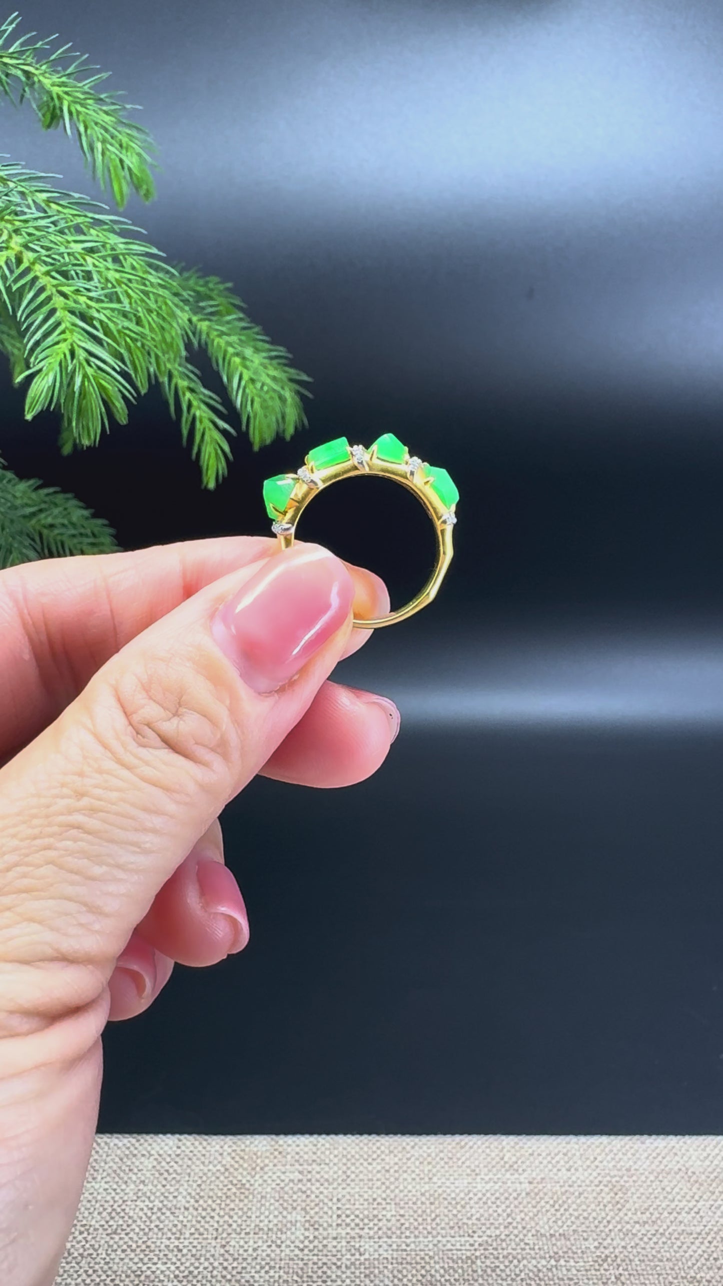 RealJade® 18K Yellow Gold Green Jadeite Jade Diamonds Bamboo Ring
