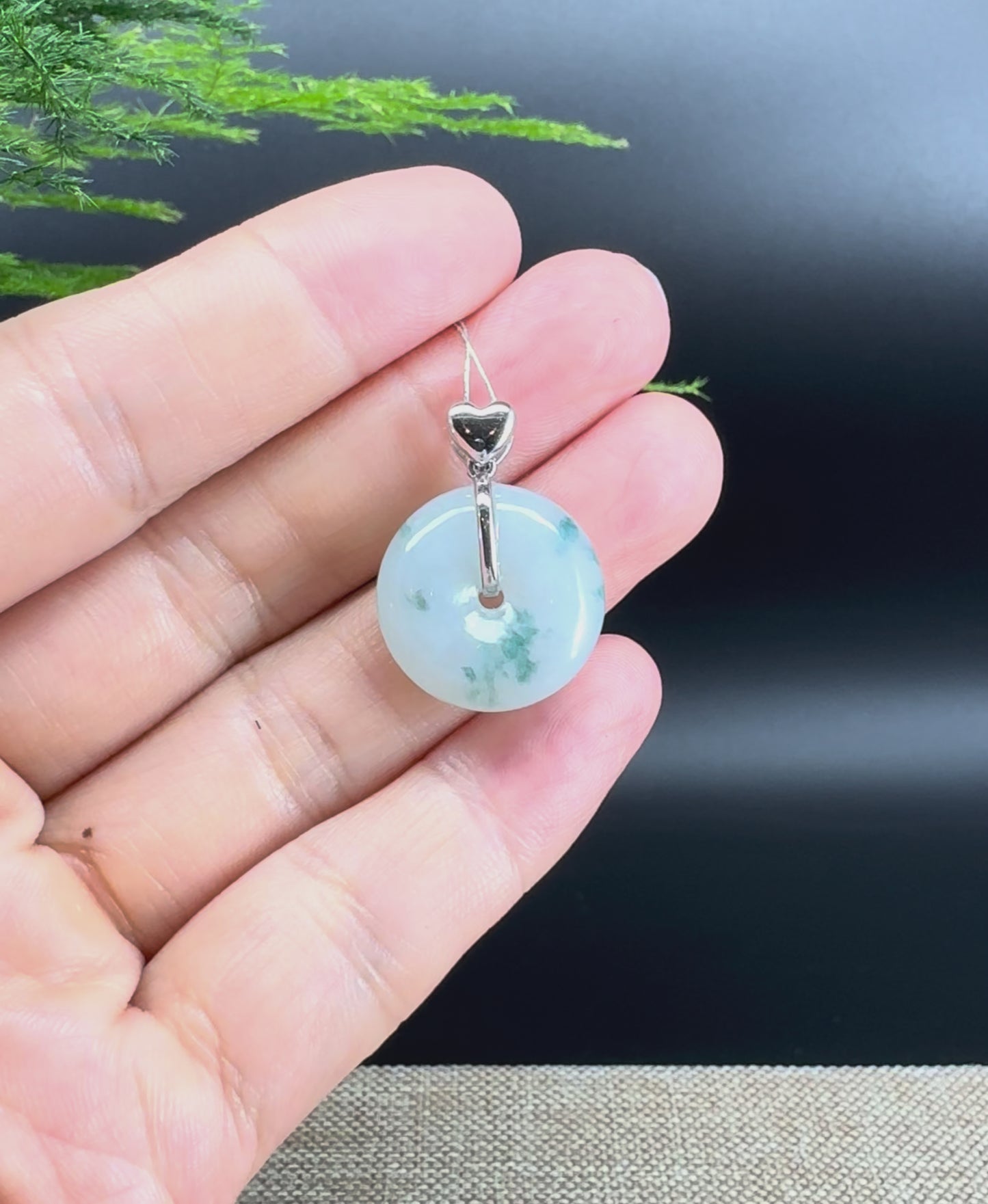 "Good Luck Button"Icy Blue Green Jadeite Jade Lucky KouKou Pendant With 18K White Gold Bail