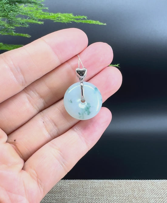 Load and play video in Gallery viewer, &amp;quot;Good Luck Button&amp;quot;Icy Blue Green Jadeite Jade Lucky KouKou Pendant With 18K White Gold Bail
