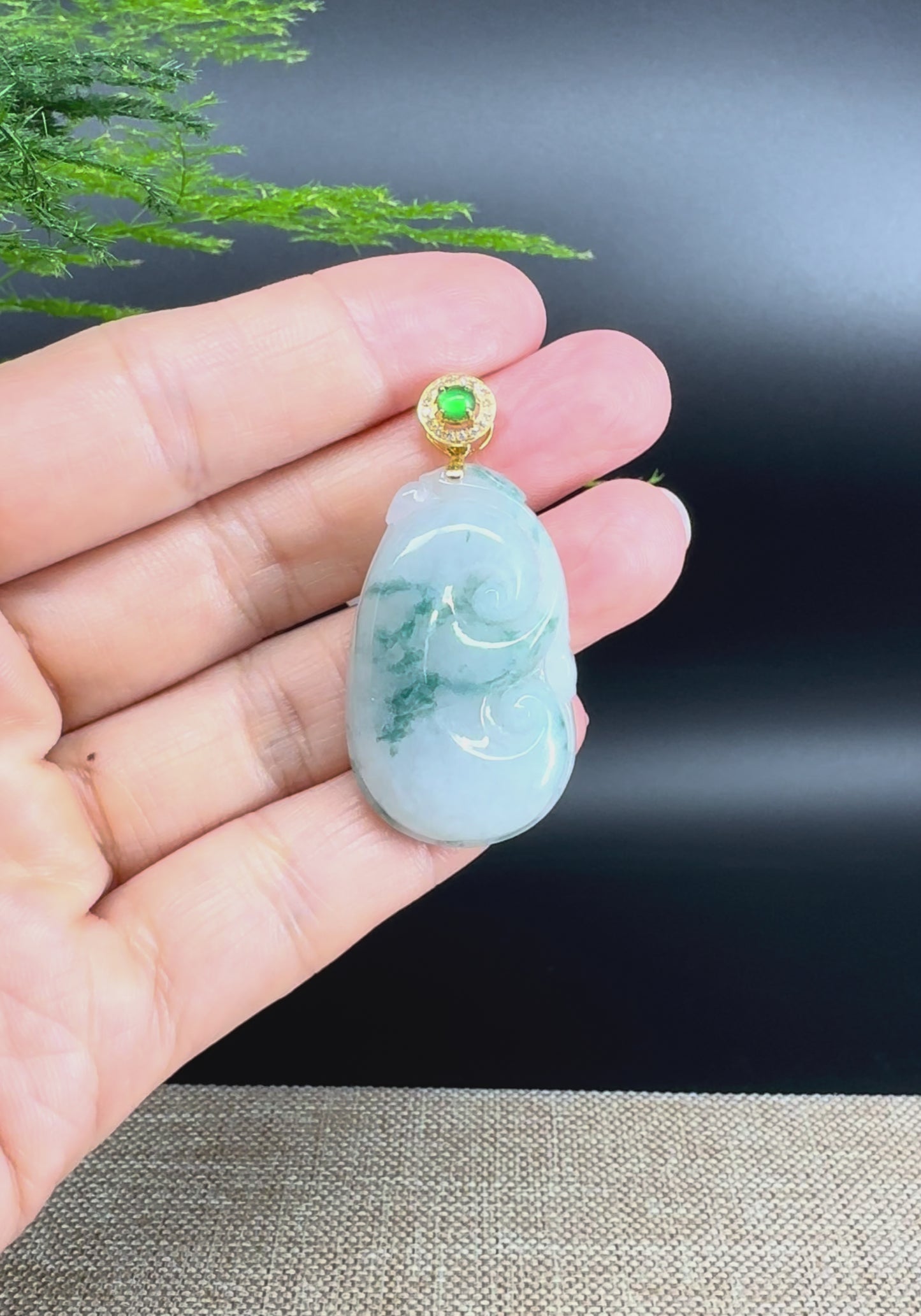 RealJade® Co. Genuine Blue Green Jadeite Jade Good Luck RuYi Necklace With 18K Yellow Gold Bail