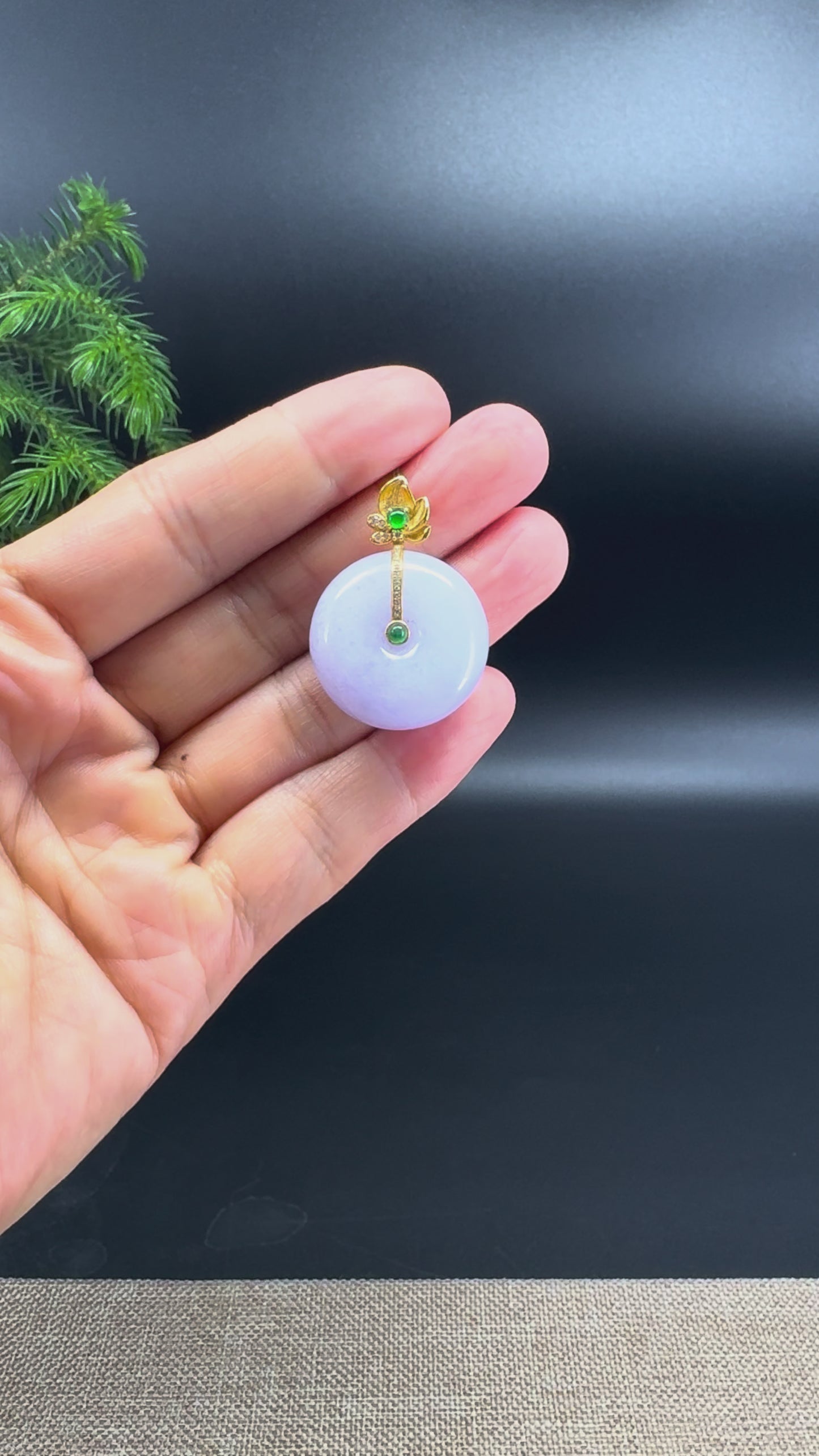 "Good Luck Button" Lavender Jadeite Jade Lucky KouKou Pendant With 18K Yellow Gold Bail