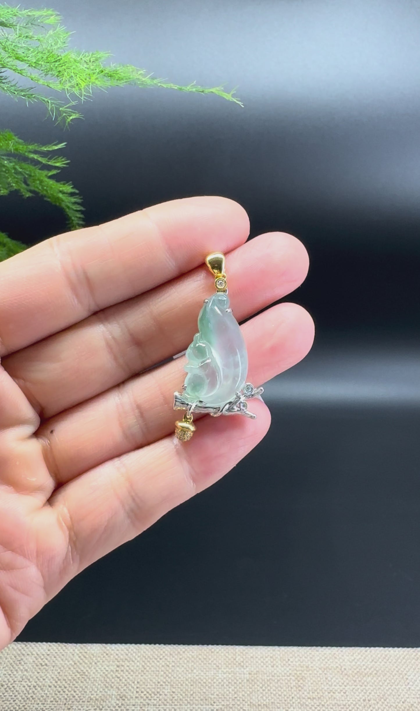 High-end 18K Yellow & White Gold Burmese Icy Green Jadeite Jade Squirrel Pendant with Diamond
