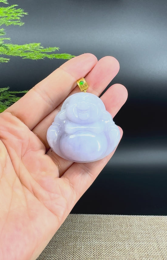 Load and play video in Gallery viewer, 18K Yellow Gold Burmese Lavender Jadeite Jade Happy Buddha Pendant
