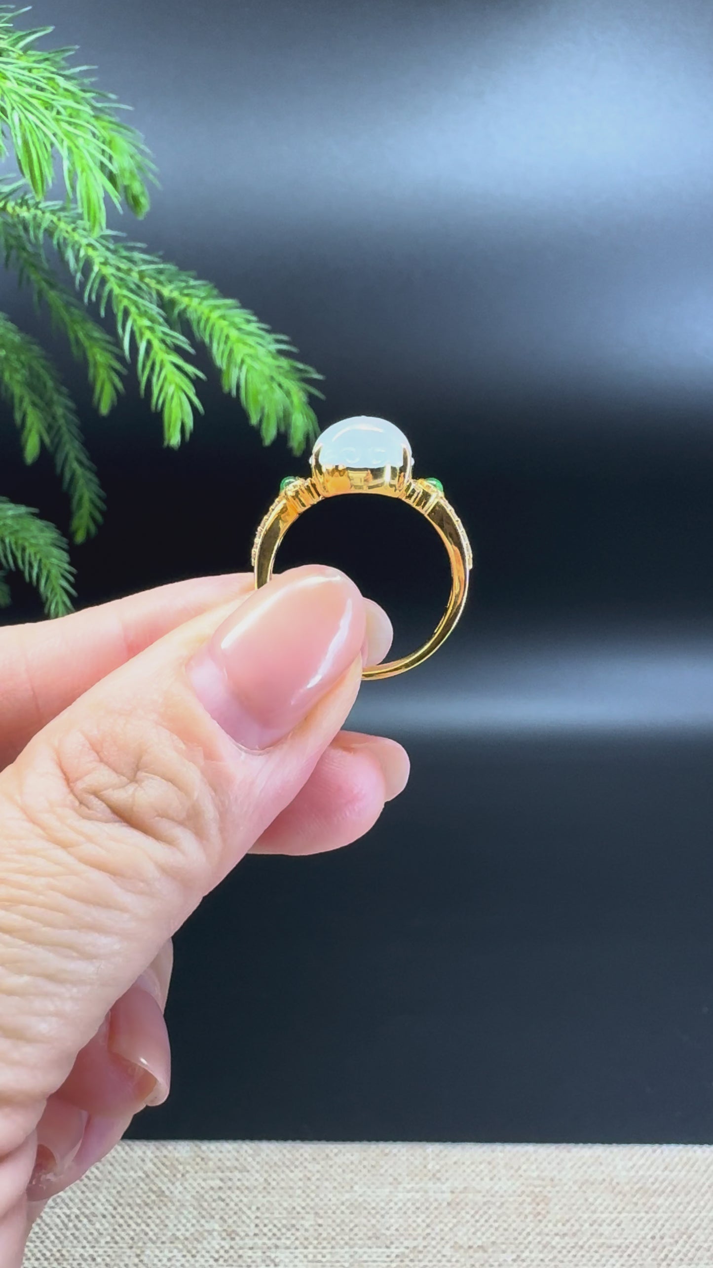 Load and play video in Gallery viewer, RealJade® 18K Yellow Gold Icy Moonlight Jadeite Jade PiXiu Ring With Diamonds
