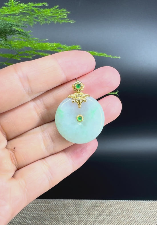 Load and play video in Gallery viewer, &amp;quot;Good Luck Button&amp;quot; Green Jadeite Jade Lucky KouKou Pendant With 18K Yellow Gold Diamond Bail
