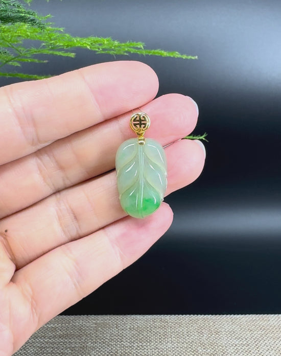 Load and play video in Gallery viewer, RealJade® Co. Genuine Ice Green Jadeite Jade Jin Zhi Yu Ye (Leaf) Necklace With 18K Yellow Gold Bail
