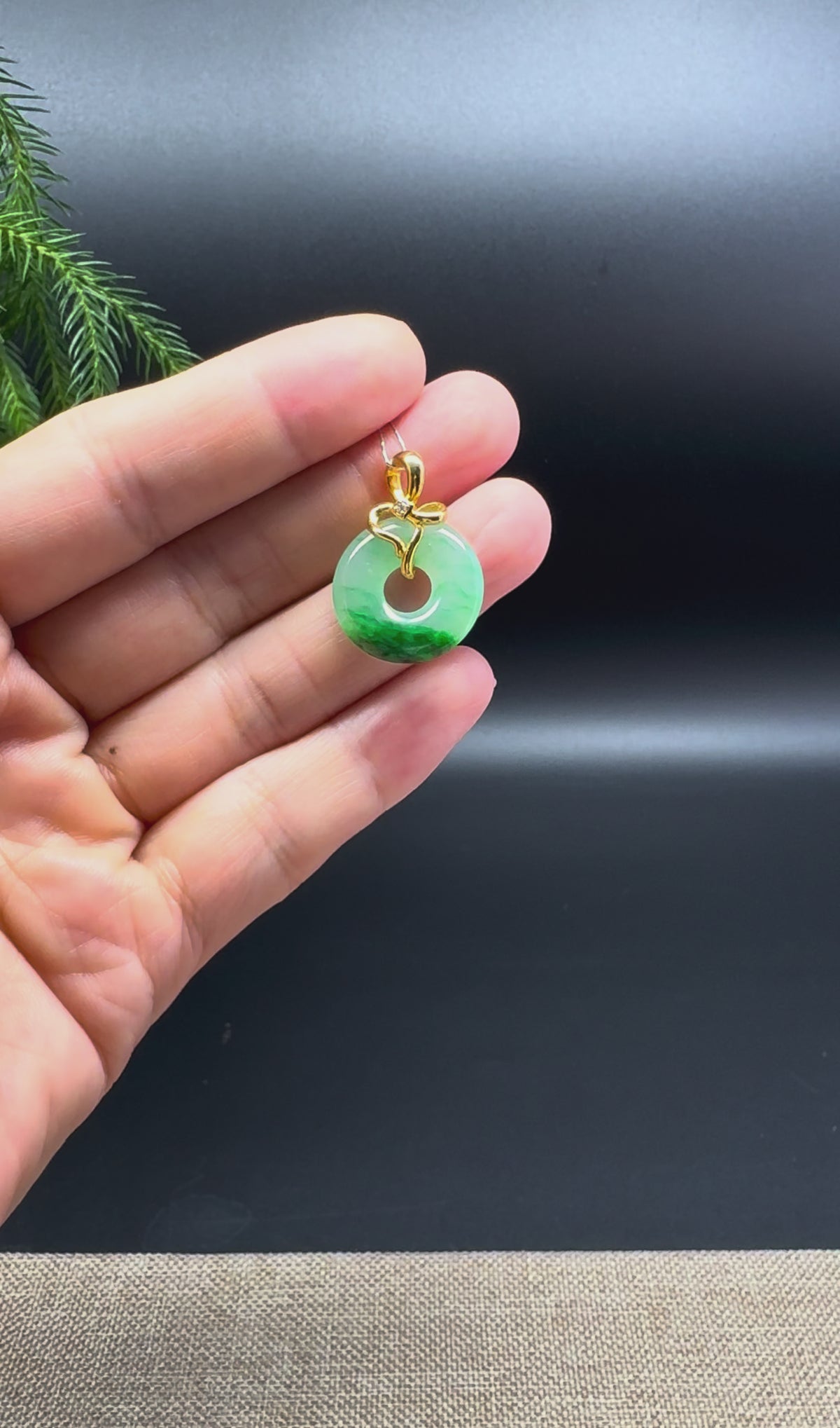 "Good Luck Button" Forest Green Jadeite Jade Lucky KouKou Pendant With 18K Yellow Gold Bail