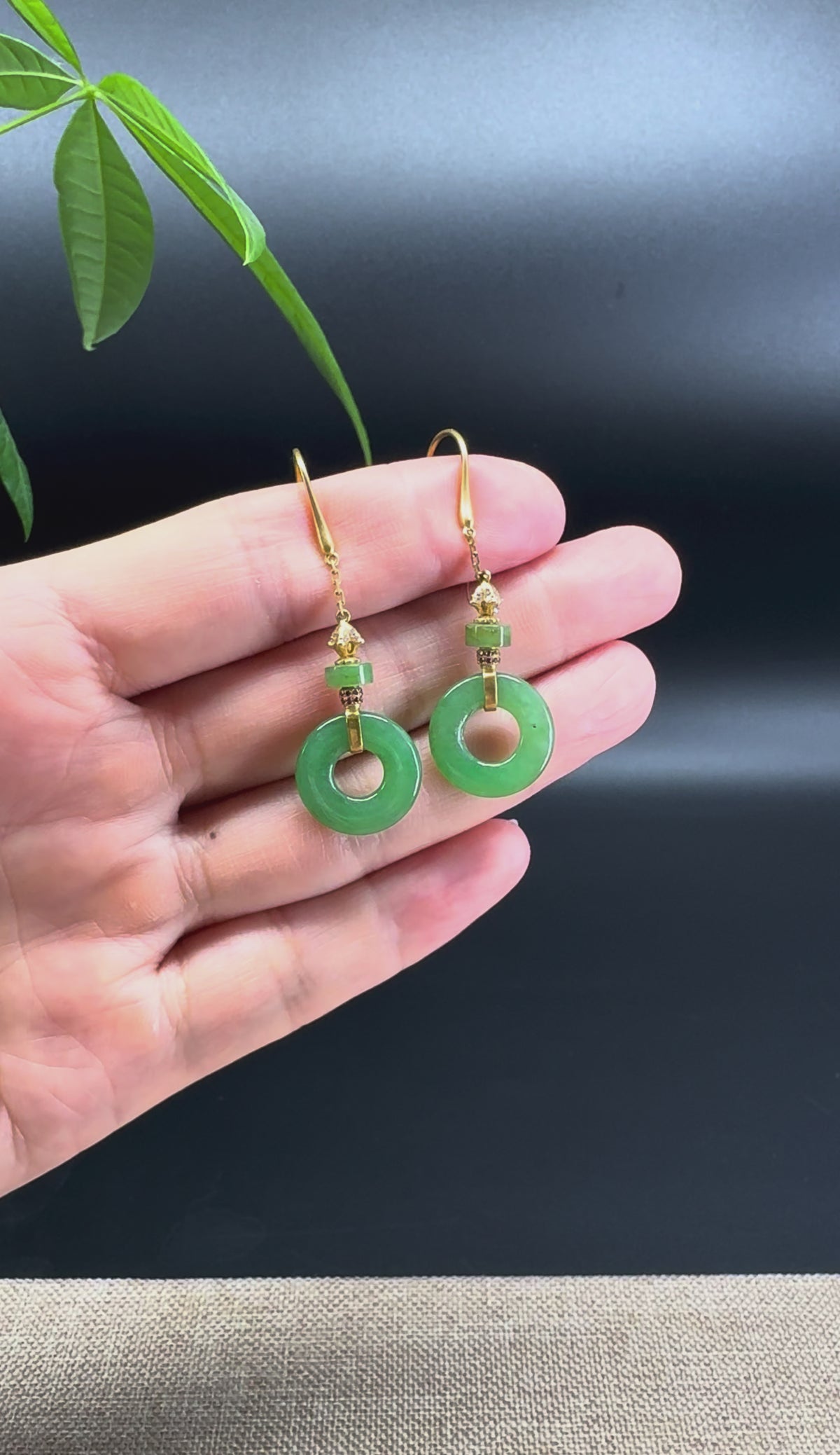 RealJade® Co. 18k Yellow Gold Genuine Green KouKou Jadeite Jade Earrings With Diamonds