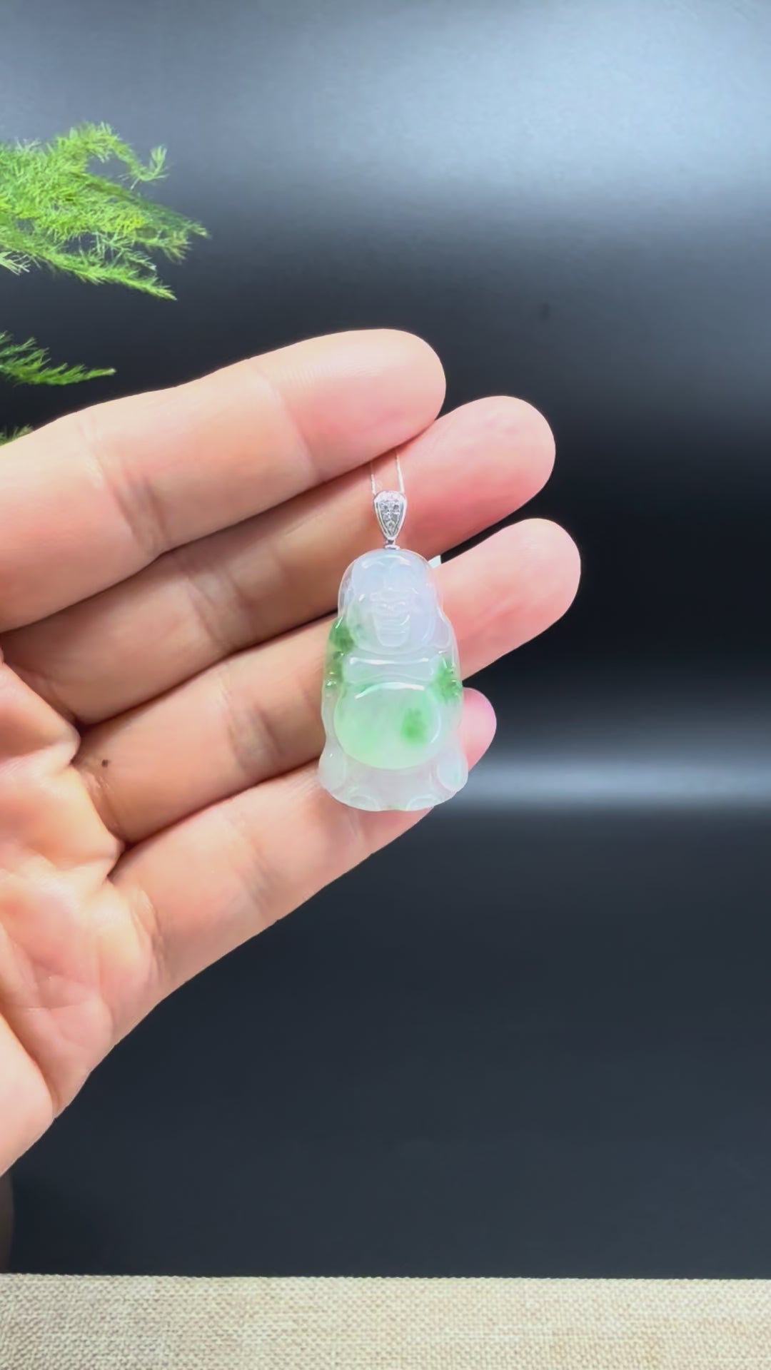 18K White Gold Burmese Icy Spicy Green Jadeite Jade Happy Buddha Pendant