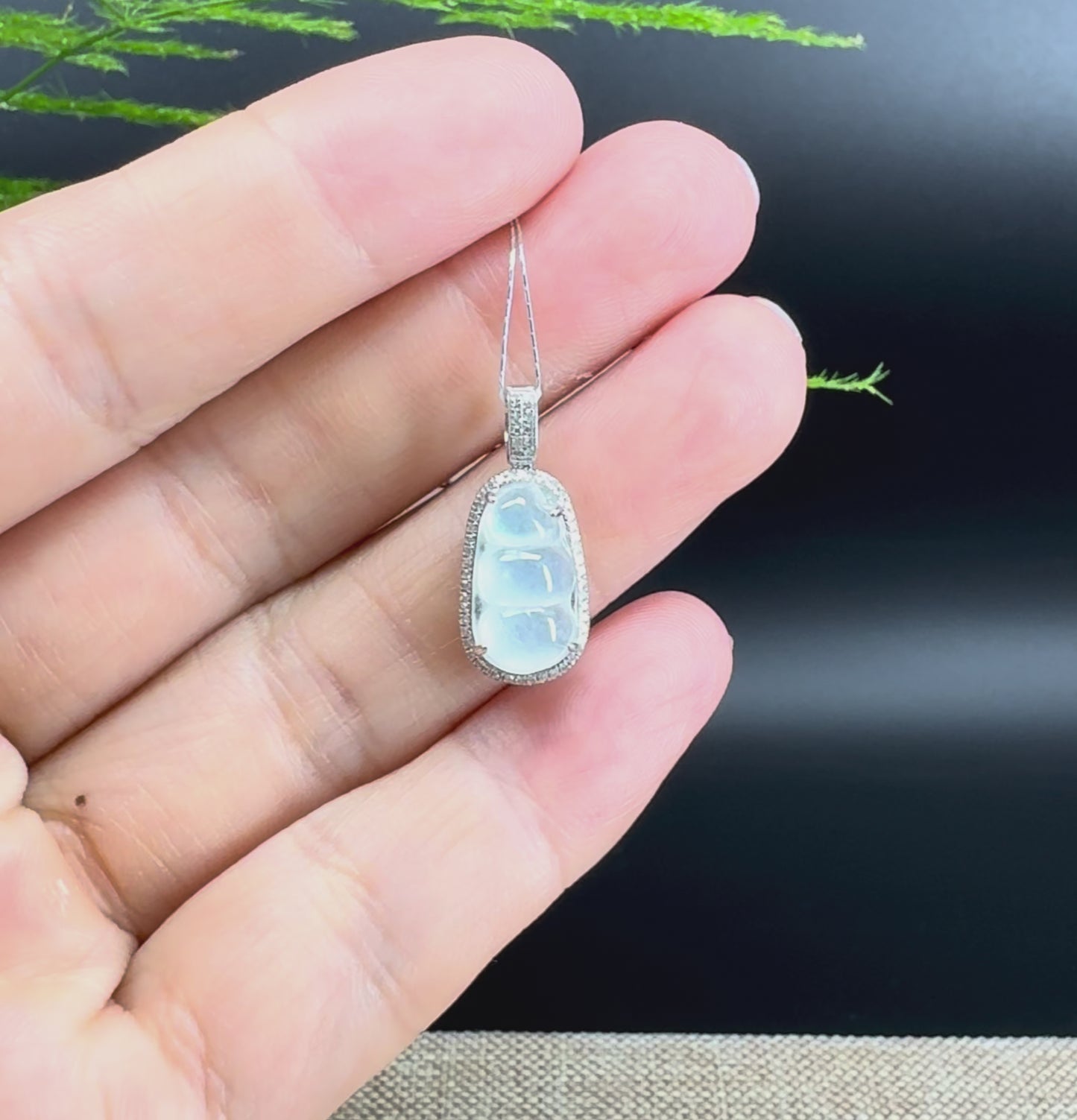 RealJade® Co. Genuine Burmese Icy Jadeite Jade Fu Dou Pendant with 18k White Gold Diamond Bail