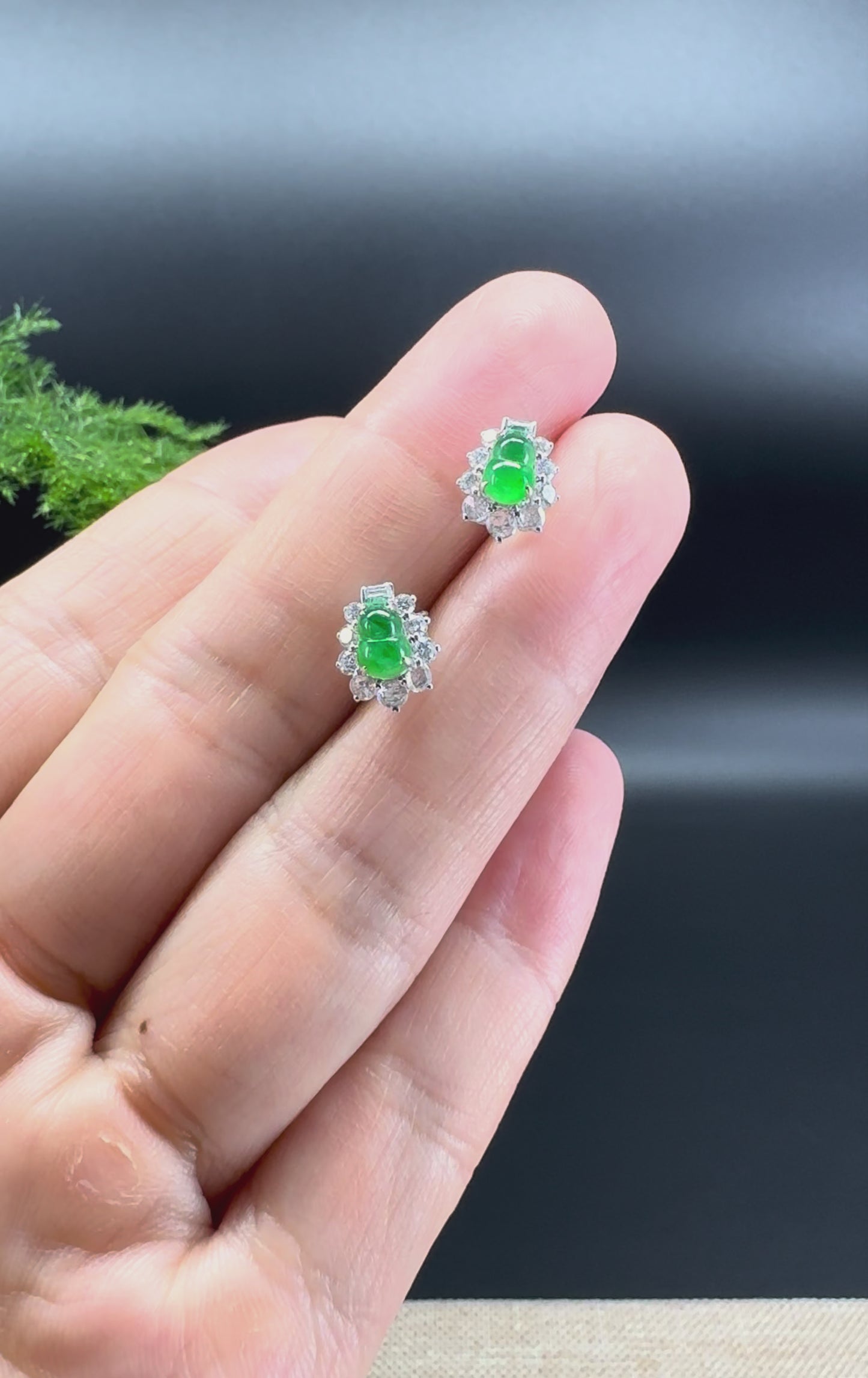 RealJade® 18k White Gold Classic Imperial Green Jade Hulu With Diamonds Stud Earrings