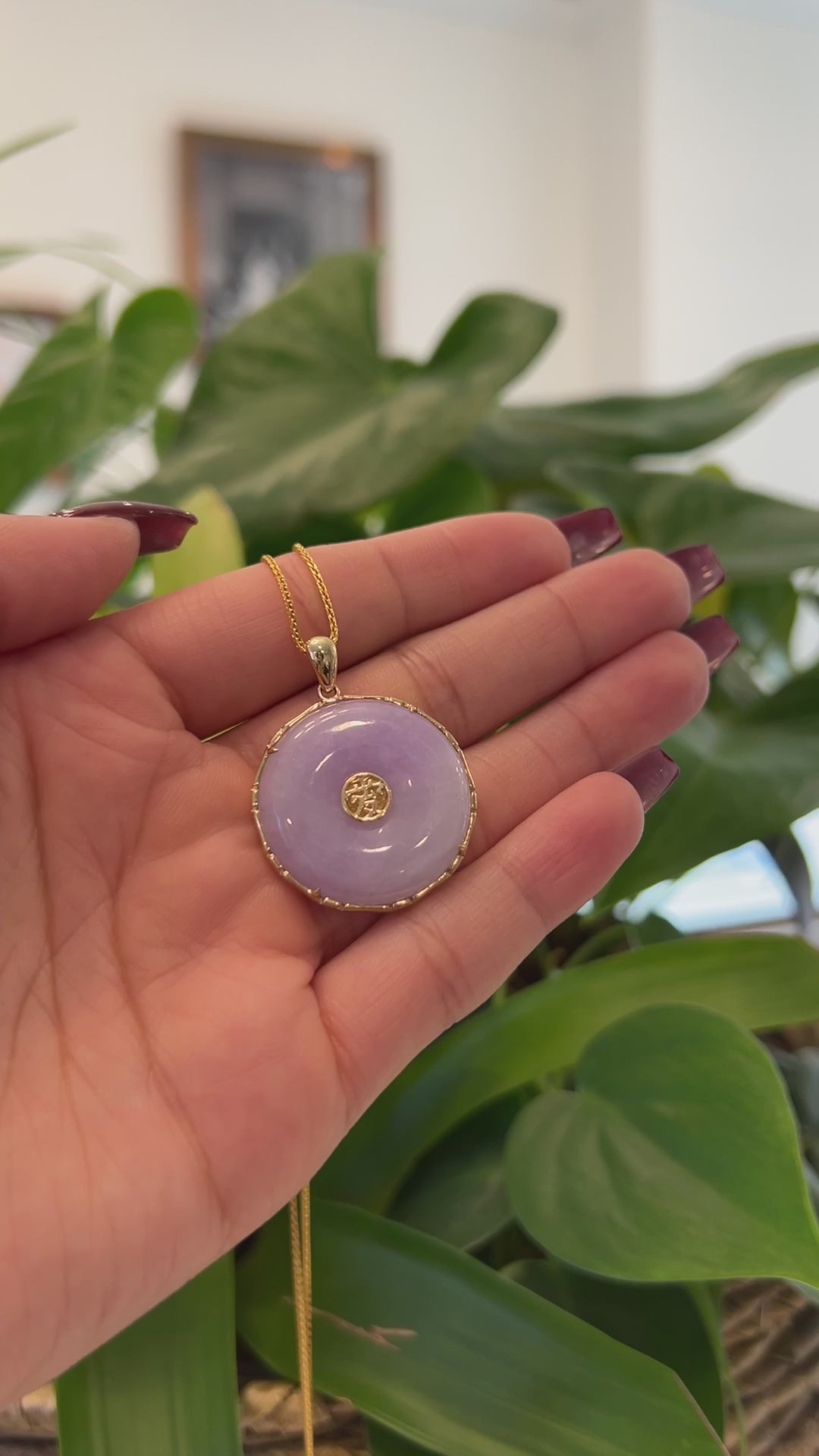 Load and play video in Gallery viewer, RealJade® Co. &amp;quot;Good Luck Button&amp;quot; Necklace Lavender Jadeite Jade Lucky KouKou Pendant Necklace
