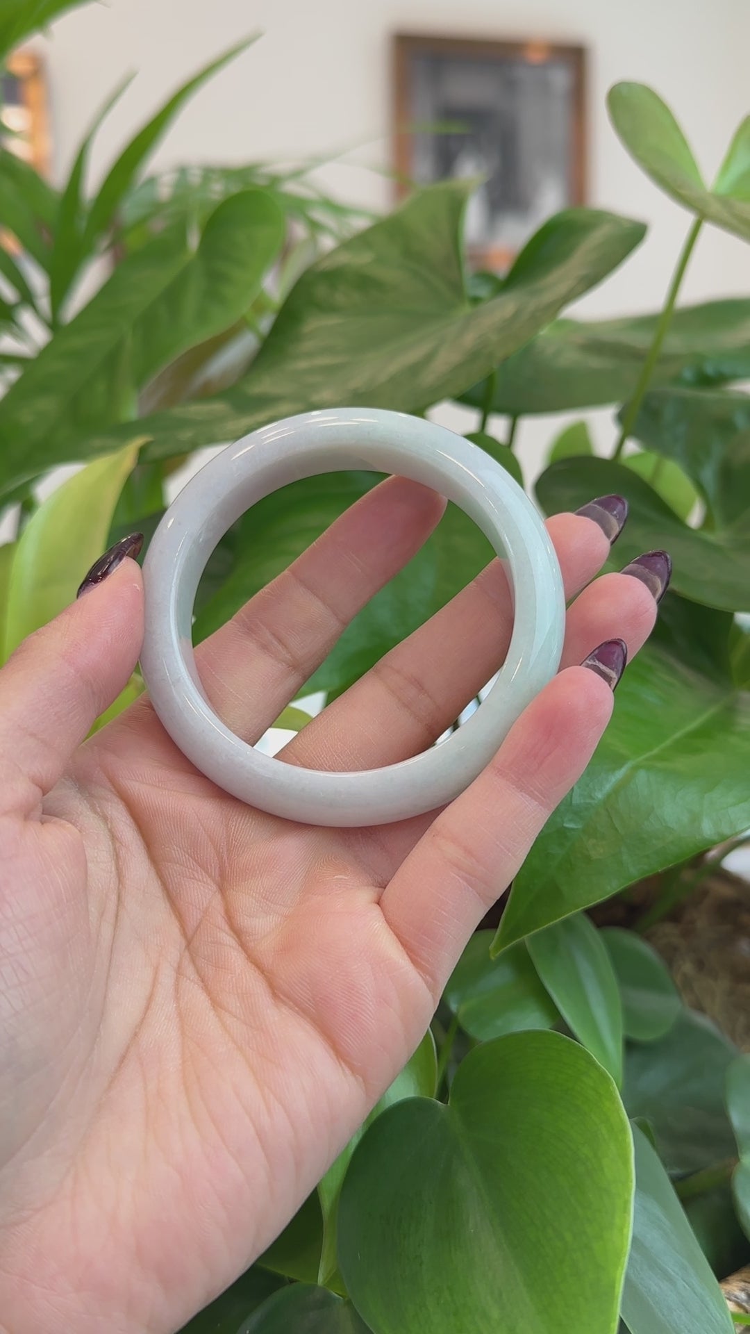 Load and play video in Gallery viewer, RealJade® Co. RealJade® Co. Classic White Green Burmese Jadeite Jade Bangle (56.50 mm) T194

