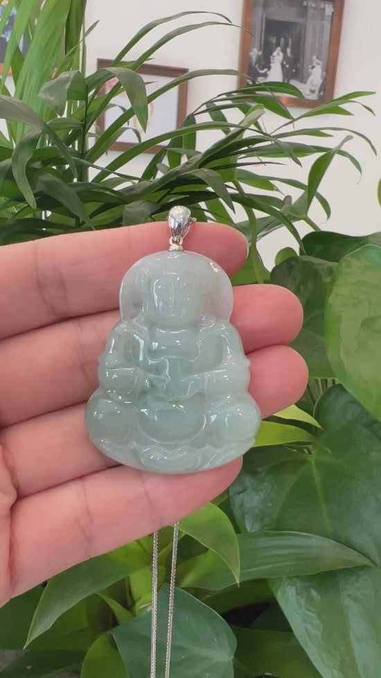 Load and play video in Gallery viewer, RealJade® &amp;quot;Goddess of Compassion&amp;quot; Genuine Burmese Ice Blue Jadeite Jade Guanyin Necklace With Good Luck Design Silver  Bail
