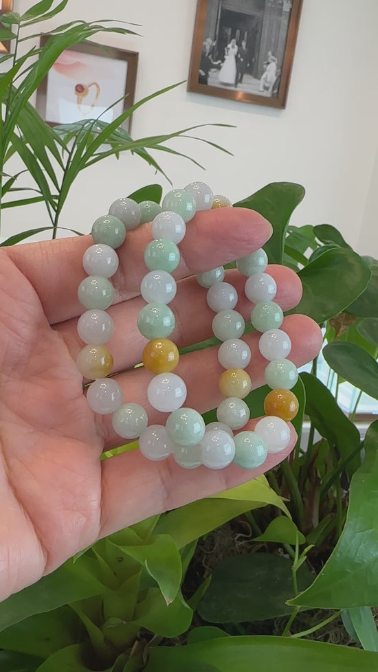 Load and play video in Gallery viewer, Genuine Jadeite Jade Round Multiple Colors Beads Bracelet (9.5 mm)
