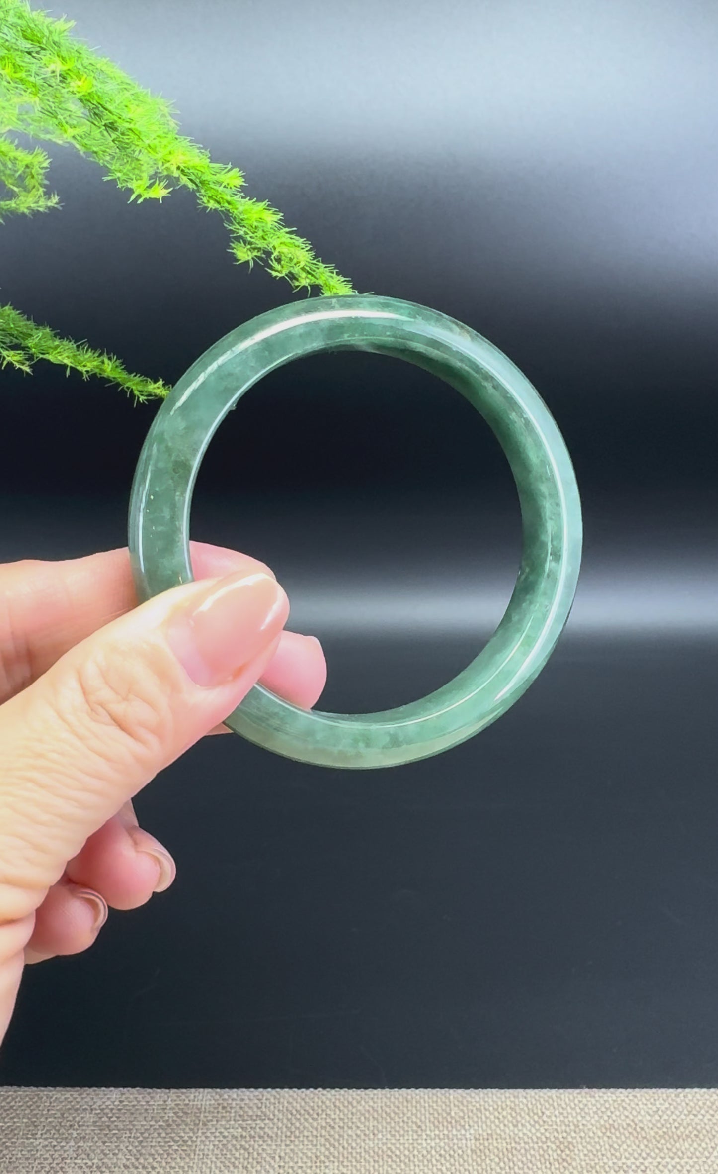 Load and play video in Gallery viewer, Genuine Burmese Oil Green Jade Jadeite Bangle Bracelet ( 57.5mm )
